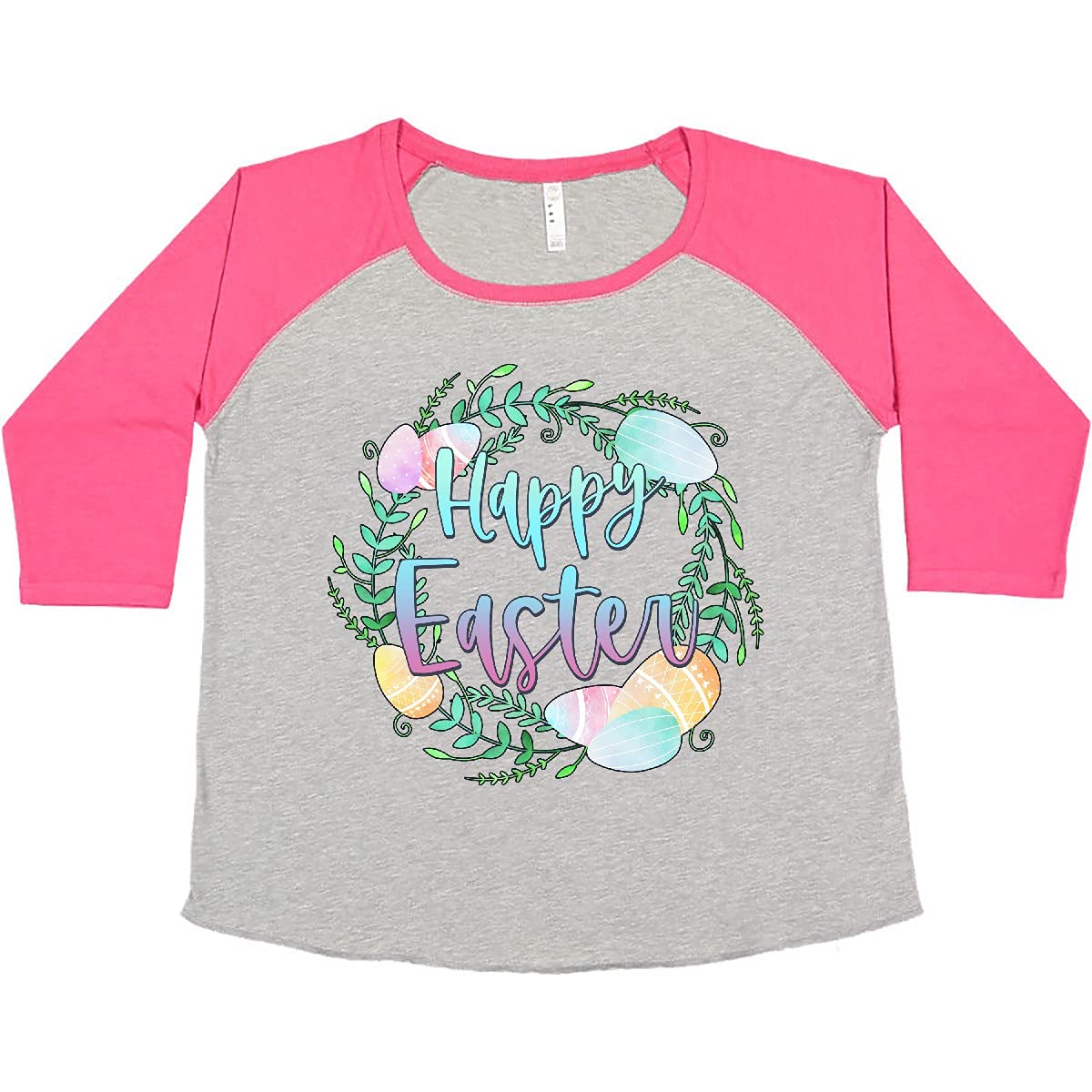 Inktastic Happy Easter Pastel Egg Wreath with Laurels Women's Plus Size T-Shirt - Cute Spring Holiday Tee for Church, Egg Hunts & Family Gatherings