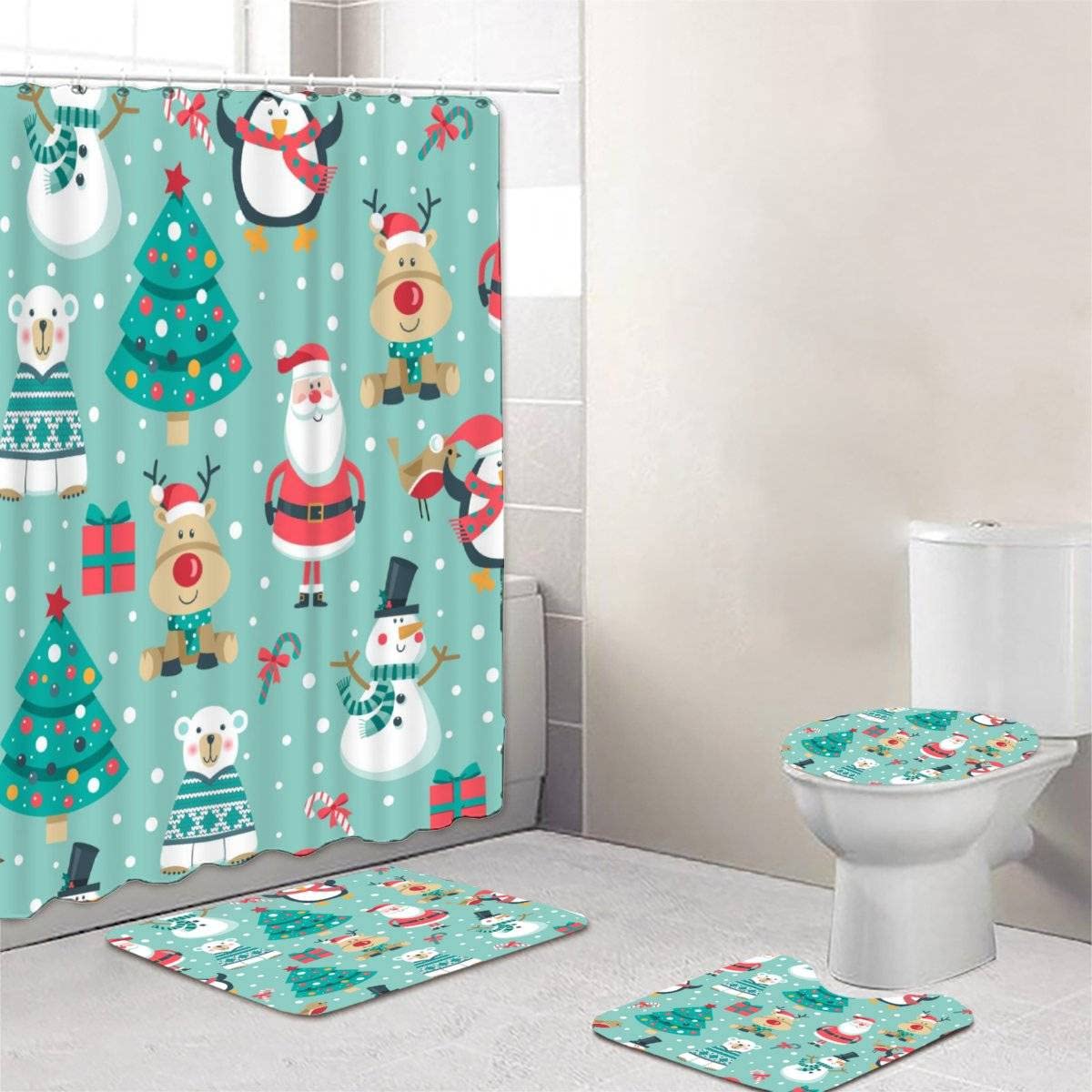 RFFLUX 3D Christmas Shower Curtain Set - 4 Piece Bathroom Decor with 12 Hooks, Soft Non-Slip Rugs, Toilet Lid Cover & Bath Mat | Santa Claus Holiday Theme for Festive Bathroom Decorations | Perfect for Christmas Home Decor & Gift Giving