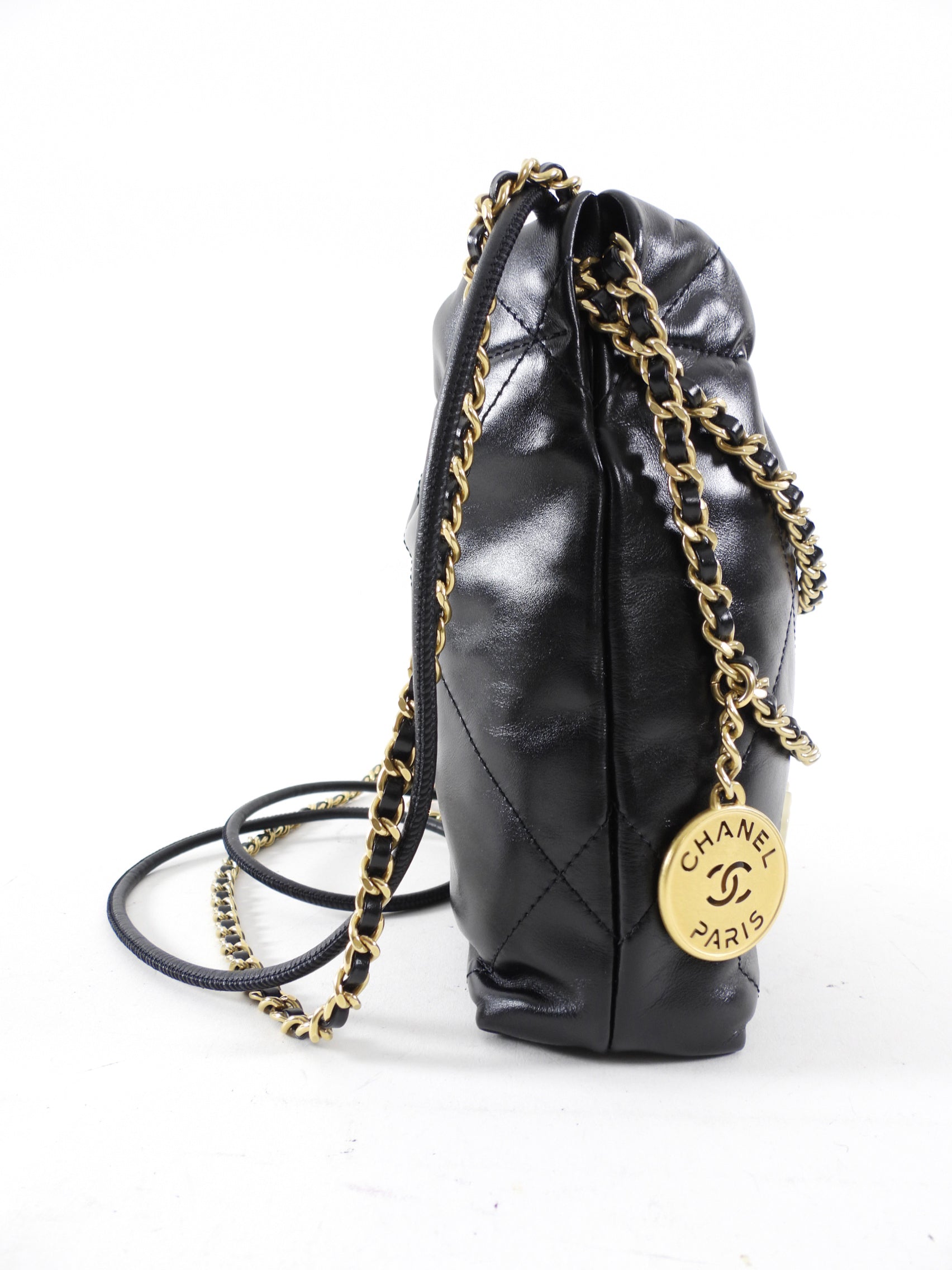 Chanel 2023 Black Leather Chain 22 Mini Bag with Ivory Enamel Logo - Luxury Designer Handbag for Women, Perfect for Evening Parties & Date Nights