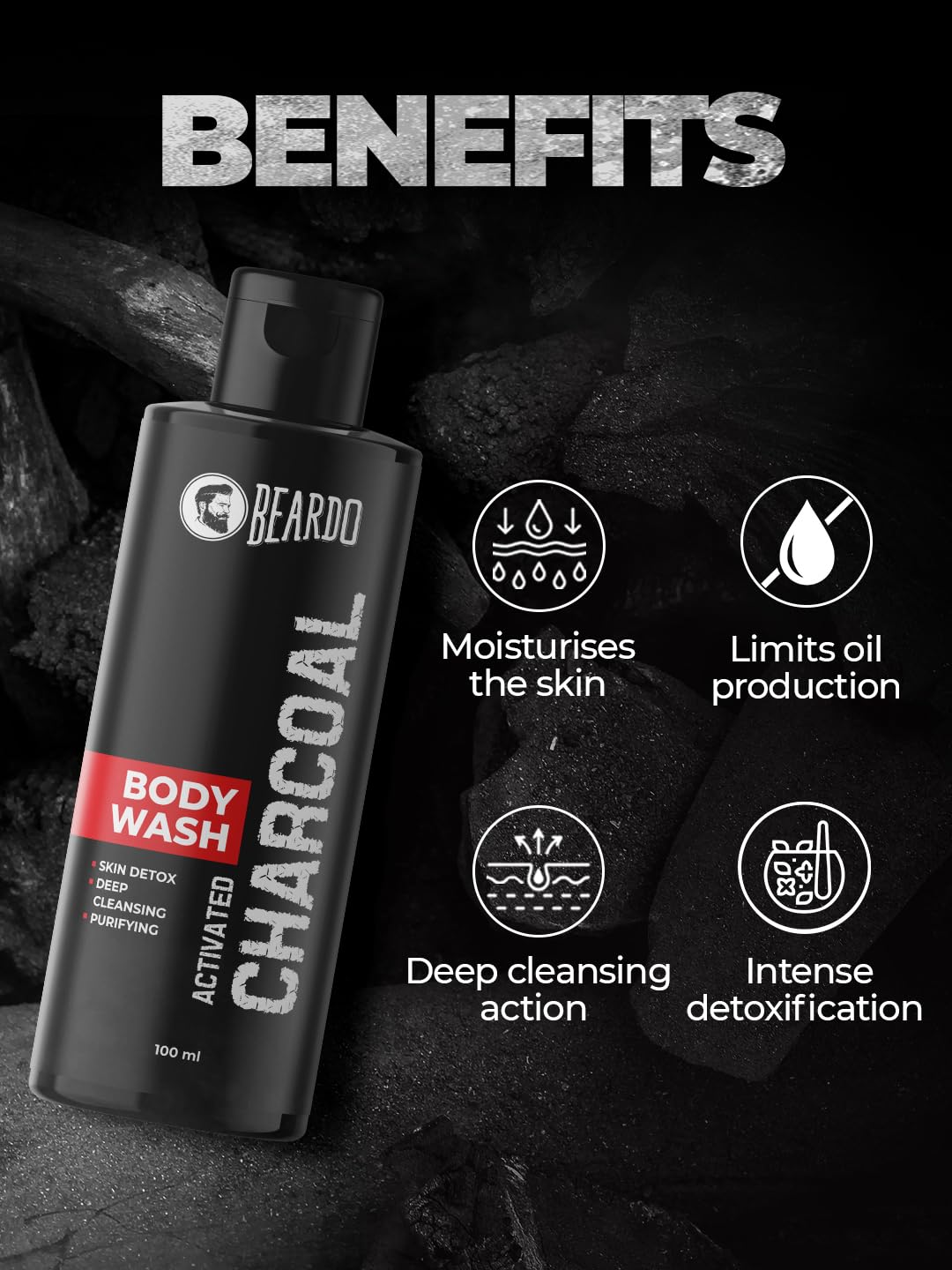 Beardo Activated Charcoal Anti-Pollution Body Wash for Men - 100ml Deep Pore Cleanser | Removes Dirt, Oil & Impurities | Face & Body Wash | Reduces Acne & Controls Oil | Perfect for Gym, Travel & Daily Shower Routine