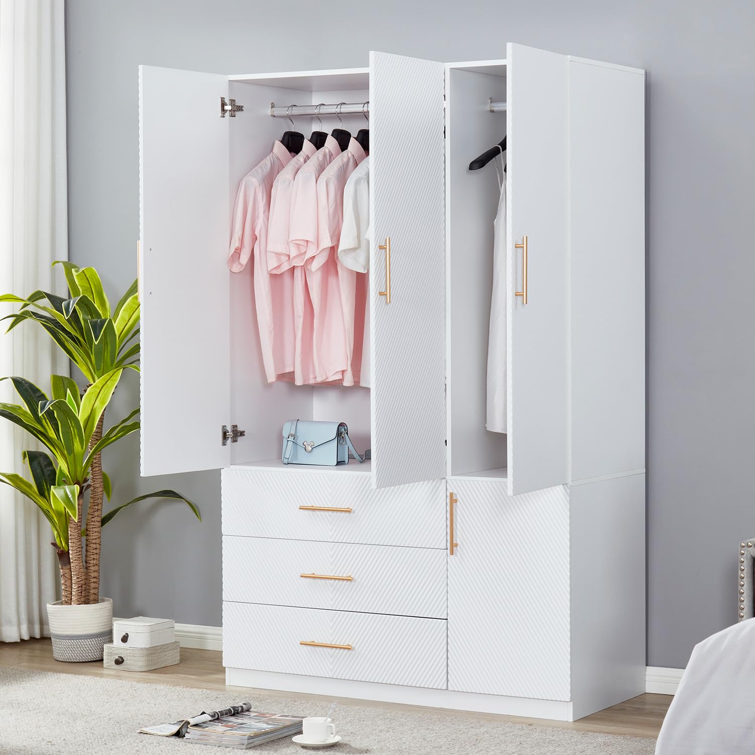 White Armoire Wardrobe Closet Cabinet - 3 Doors & 3 Drawers with Hanging Rod, Large Storage (47.3