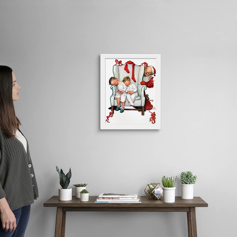 Santa Filling Stockings White Framed Christmas Art Print - Holiday Home Decor for Living Room, Bedroom & Office Wall Art