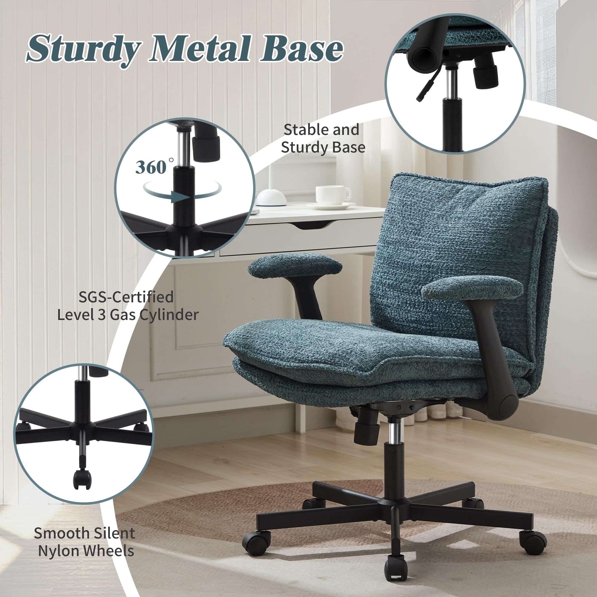 Ergonomic Cross Legged Office Chair with Wheels - Upholstered Criss Cross Desk Chair with Flip-Up Armrests - Wide Seat Home Office Chair for Working, Studying & Vanity - Dark Green Modern Design for Small Spaces & Apartments