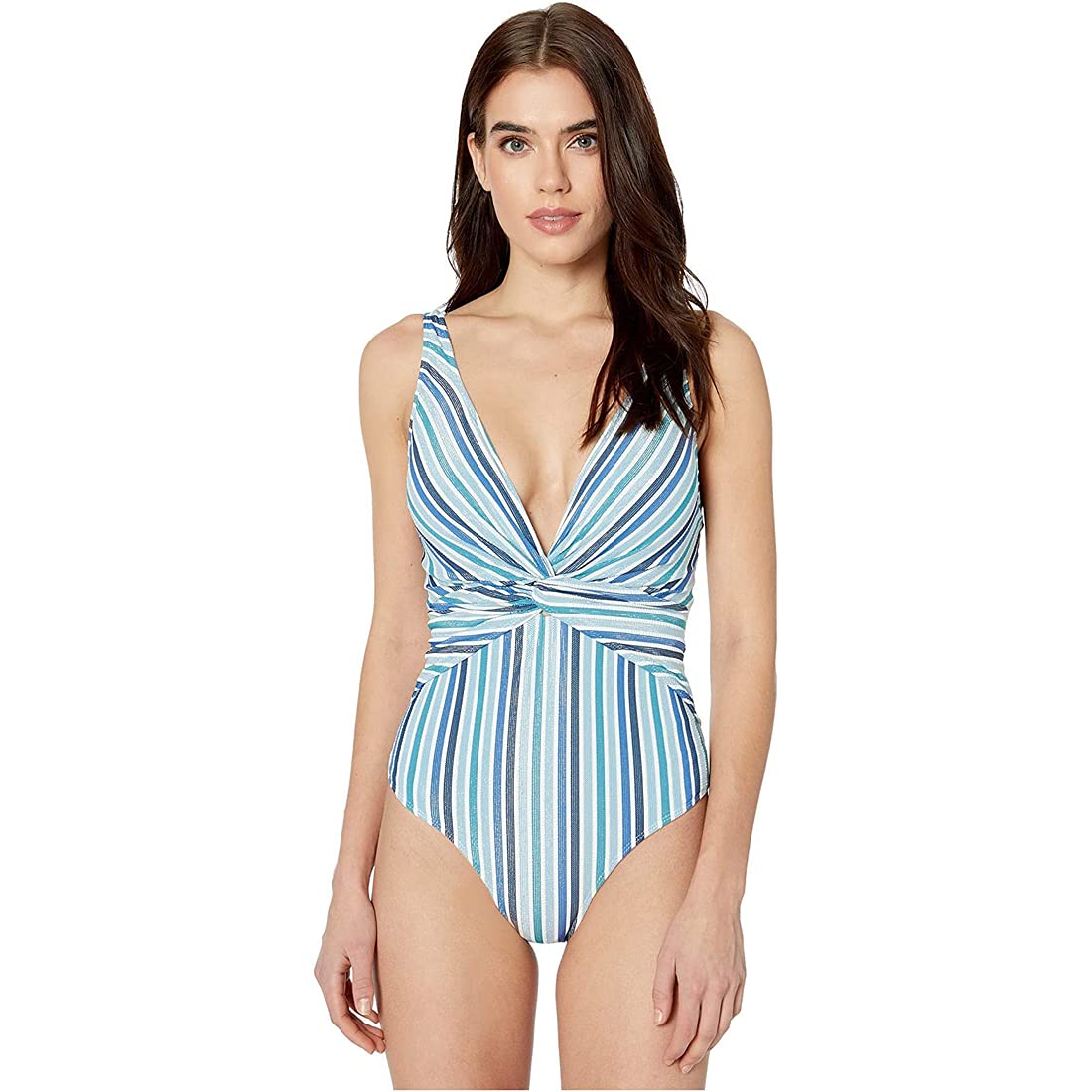 Stylish Metallic Front Twist One-Piece Swimsuit - Blue Stripe Design - Small Size - Perfect for Beach Vacation & Pool Party