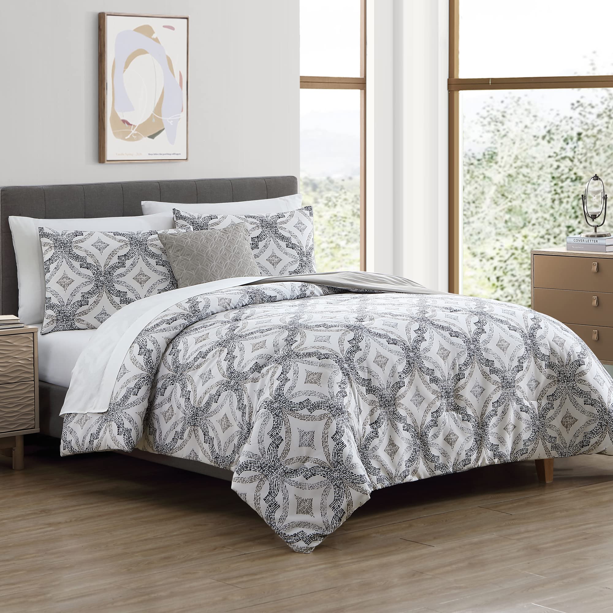 Modern Threads Capri Collection Reversible Microfiber Comforter Set - Elegant Printed King Size Bedding with Comforter, Sheets, Shams & Pillows - Soft Luxury Bed Set for Master Bedroom or Guest Room