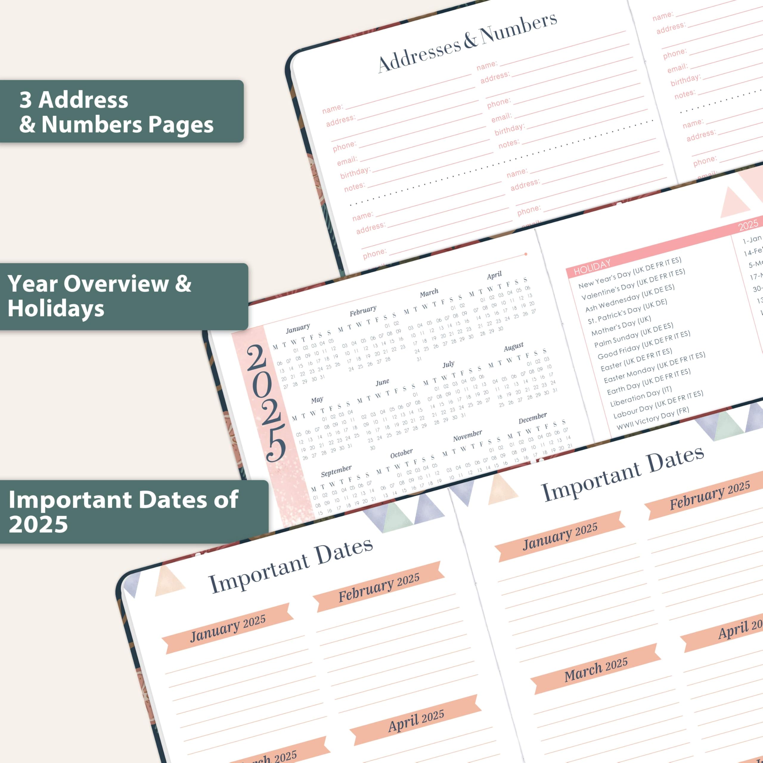 2025 Planner - A5 Weekly & Monthly Diary 2025 with January to December Calendar, Notes Section & Mission Board | Elegant Hardcover Work Planner with Elastic Closure & Back Pocket | Perfect for Office, School, Business Planning & Personal Organization