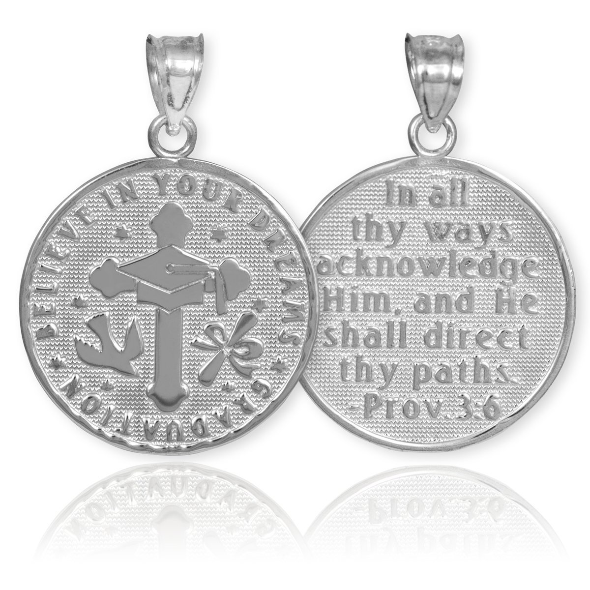 10K White Gold Reversible Graduation Medallion Charm Pendant Necklace - Perfect for Graduation Gifts, Commencement Ceremonies & Academic Achievements