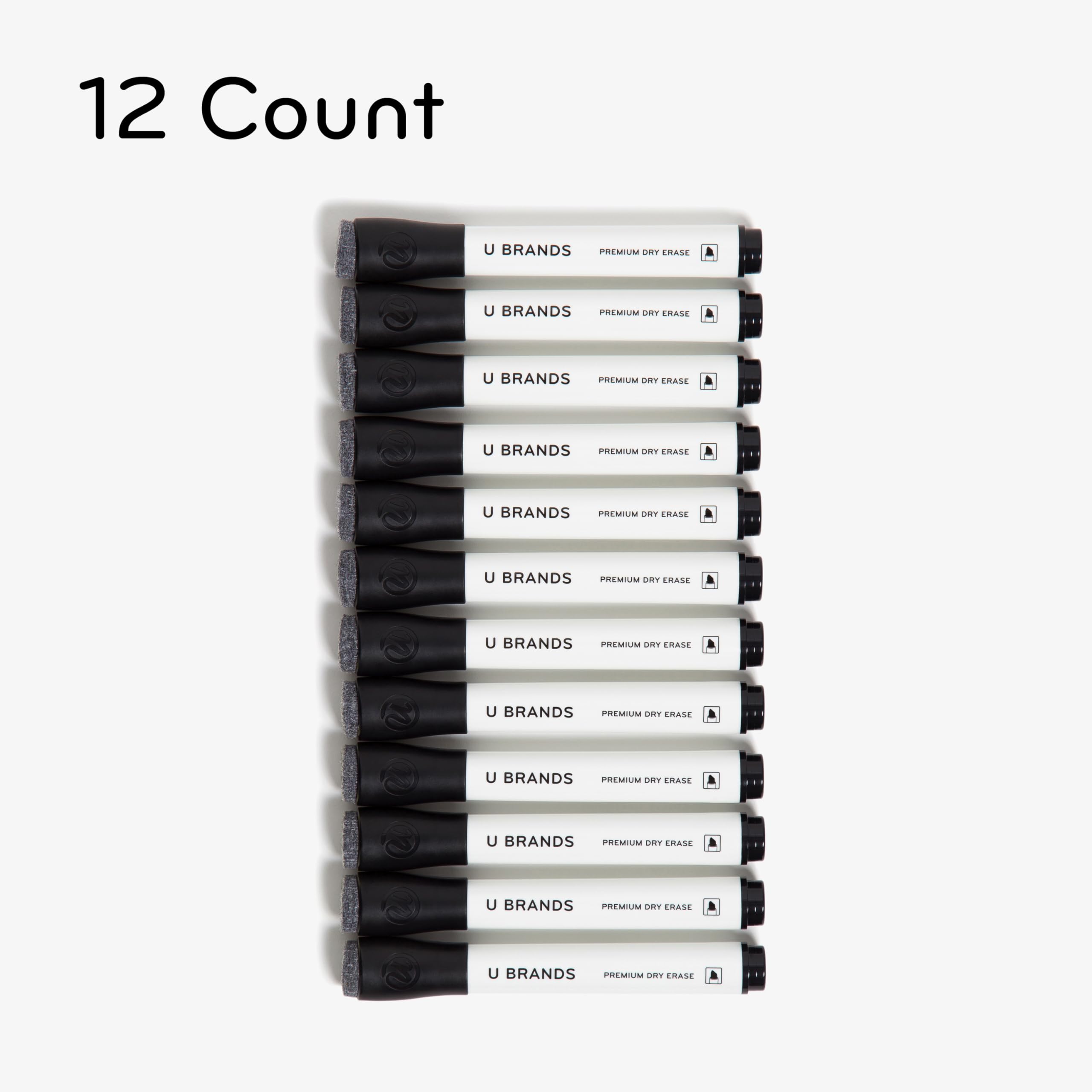 U Brands Fine Tip Dry Erase Markers with Eraser - 12 Pack Black Whiteboard Markers, Chisel Tip & Low Odor for Office, Classroom, Home & Meeting Presentations