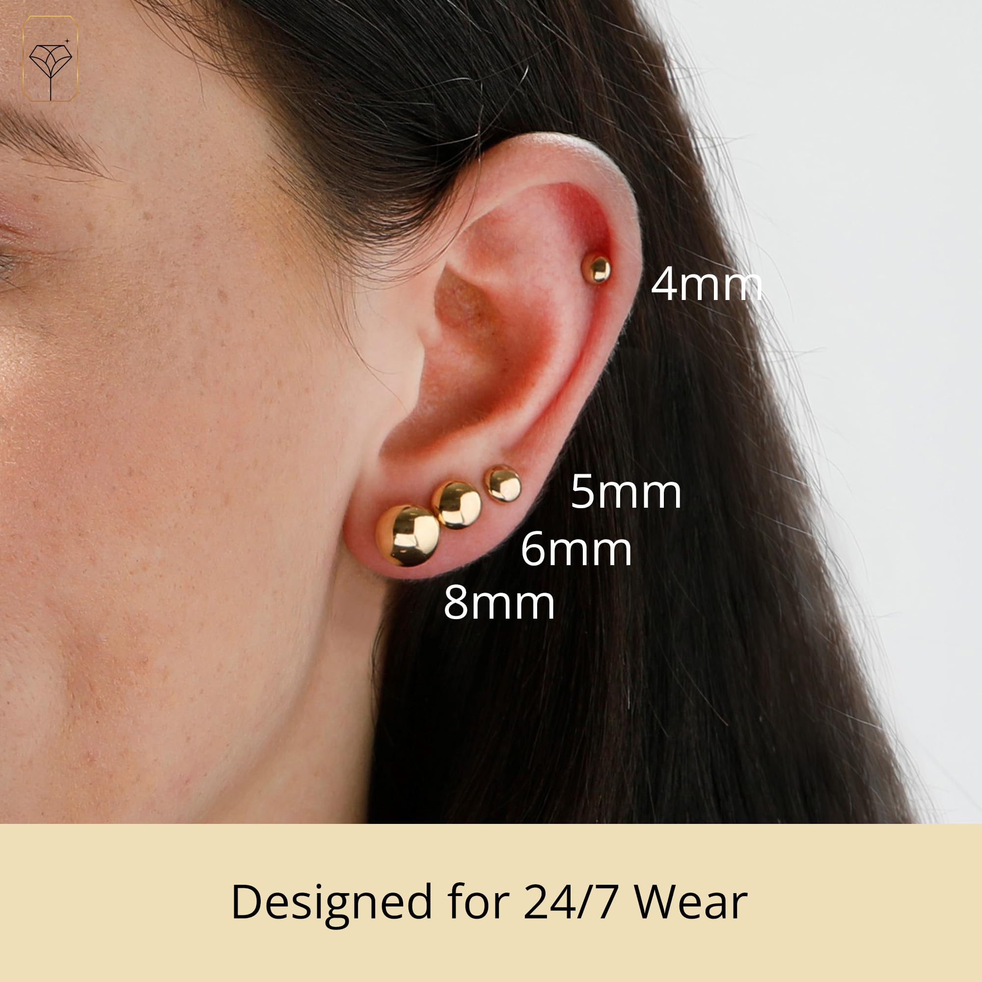14K Gold Stud Earrings for Women & Men - Hypoallergenic Yellow Gold Ball Earrings (4MM-8MM) | Real 14K Gold Button Stud Earrings for Everyday Wear & Special Occasions | MAX + STONE