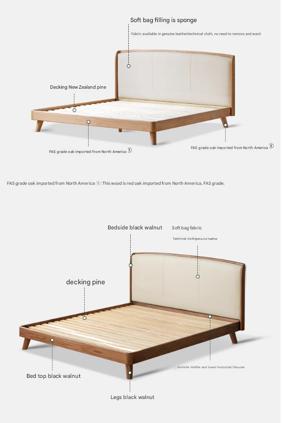 Premium Solid Oak Wood Bed Frame with Genuine Leather Headboard & Tech Fabric Upholstery - Modern Bedroom Furniture for Master Suite, Guest Room, or Apartment