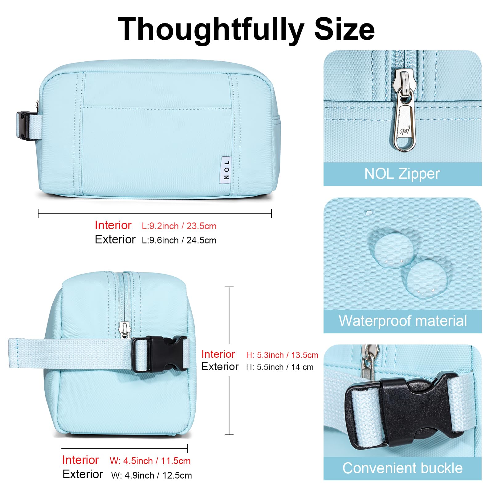 NOL Natural Organic Lifestyle Waterproof Nylon Makeup Bag - Lightweight Travel Toiletry Organizer for Women & Men, Reusable Cosmetic Pouch with Zip Closure & Buckle Handle (Light Blue) - Perfect for Travel, Gym, Beach & Daily Essentials Storage