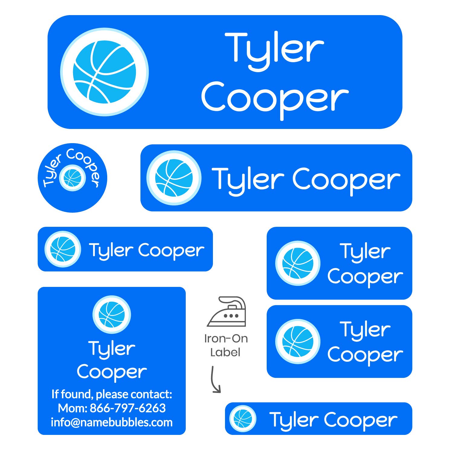 Custom Name Labels for Kids - 169 Personalized Iron-On & Stick-On Labels for Clothes, Towels & School Supplies (7 Sizes) - Perfect for Camp, School & Sports Gear Organization (Basketball Design)