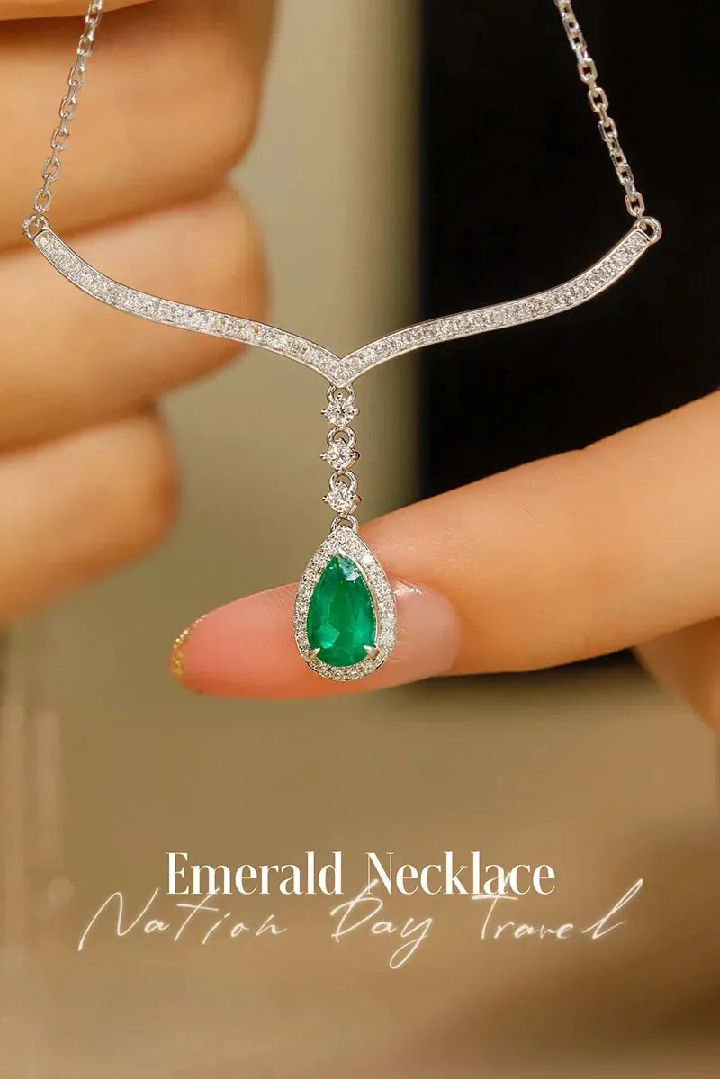 18K White Gold Diamond & Emerald Drop Necklace for Women - Elegant Water Drop Pendant, Real Natural Gemstone Jewelry for Parties, Weddings & Special Occasions