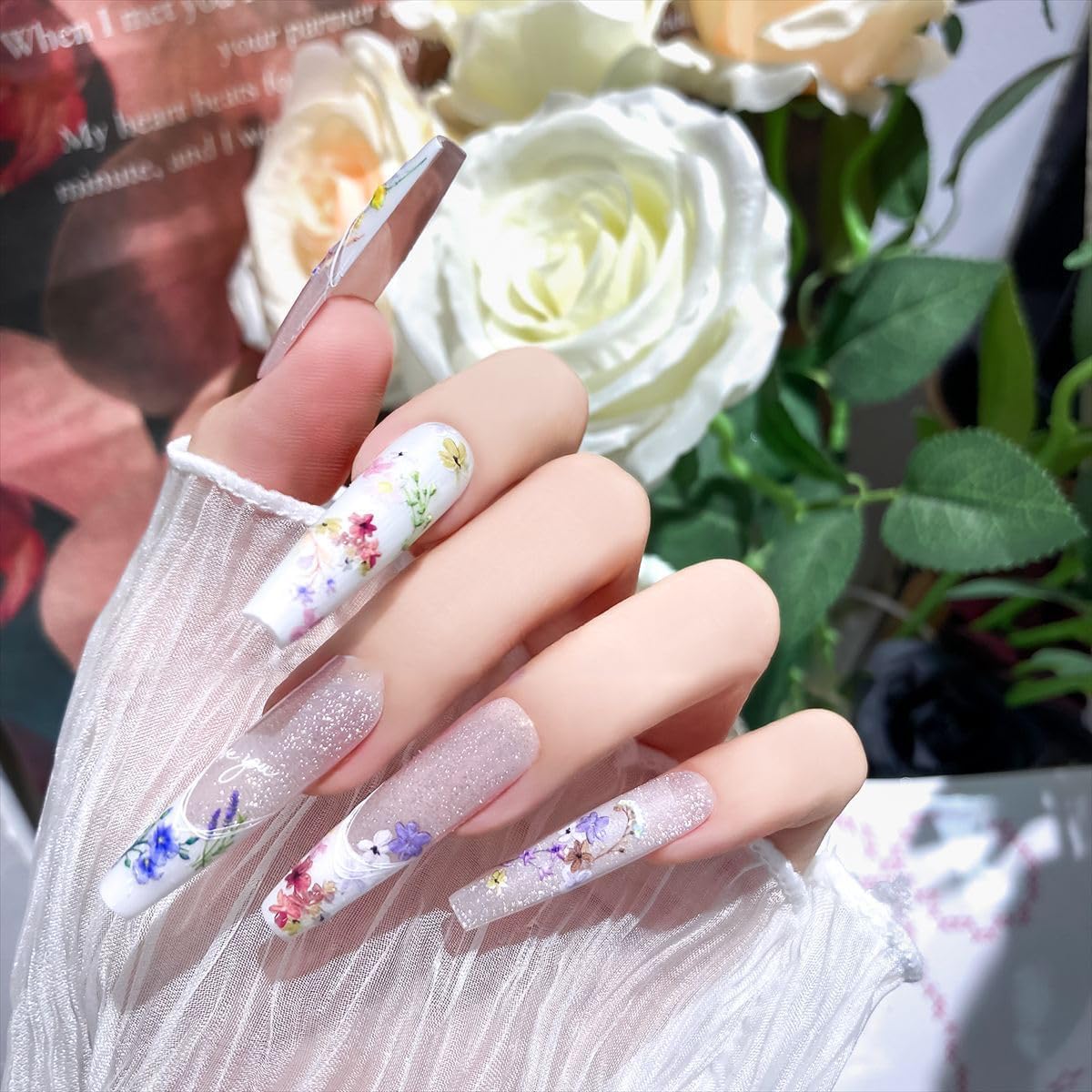 5D Floral Nail Stickers for Women - Summer Wildflower Daisy Leaf Nail Art Decals, 2 Sheets 3D Embossed Floral Nail Supplies for Manicure & Pedicure - Perfect for Spring Nail Designs, DIY Home Salon, Party Nail Art and Gift Giving