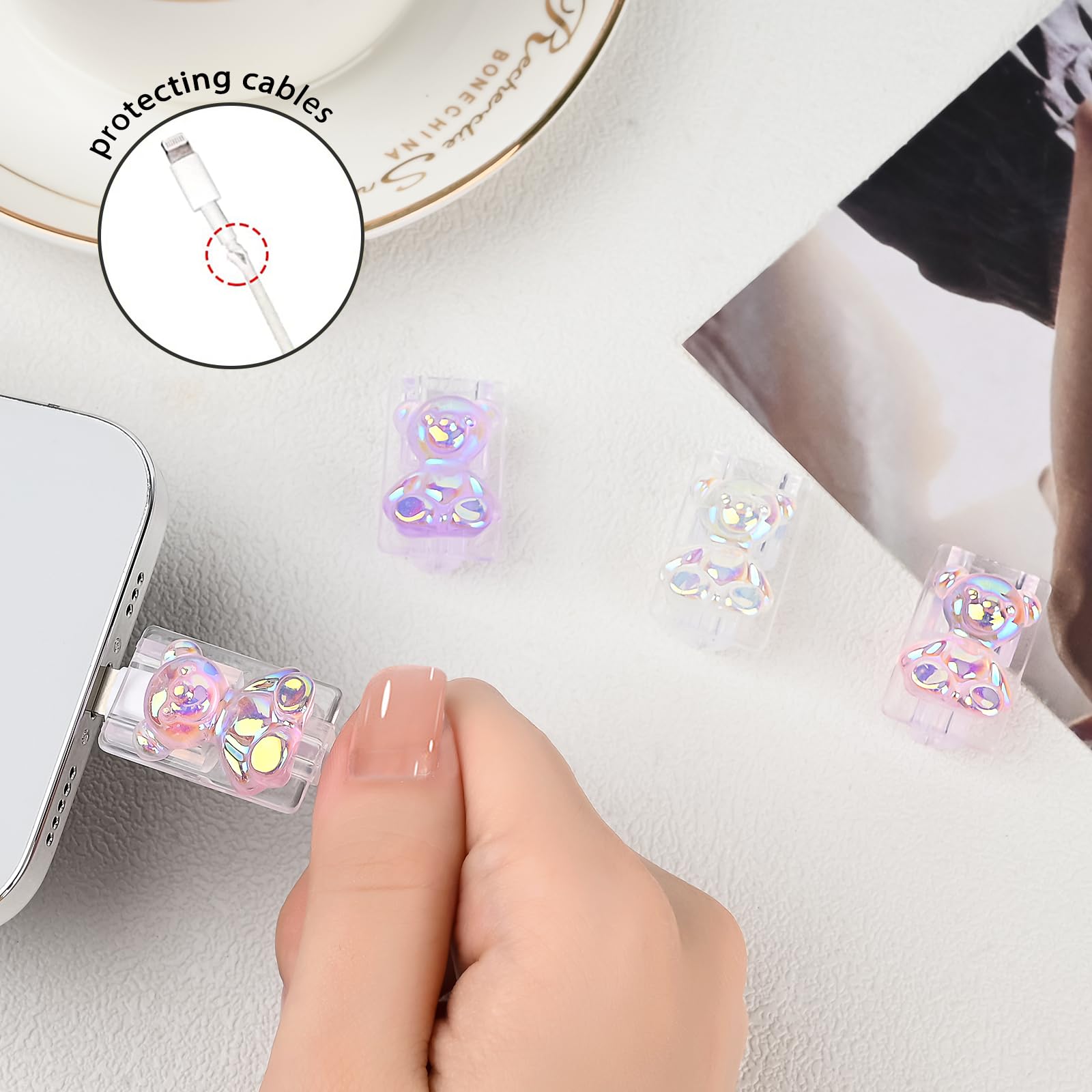 DiyGody 4-Pack 3D Cartoon Bear Cable Protector for iPhone & Android - Cute Shiny Bear Design, Universal Fit for USB-C & Lightning Cables - Perfect for Home, Office & Travel Accessories