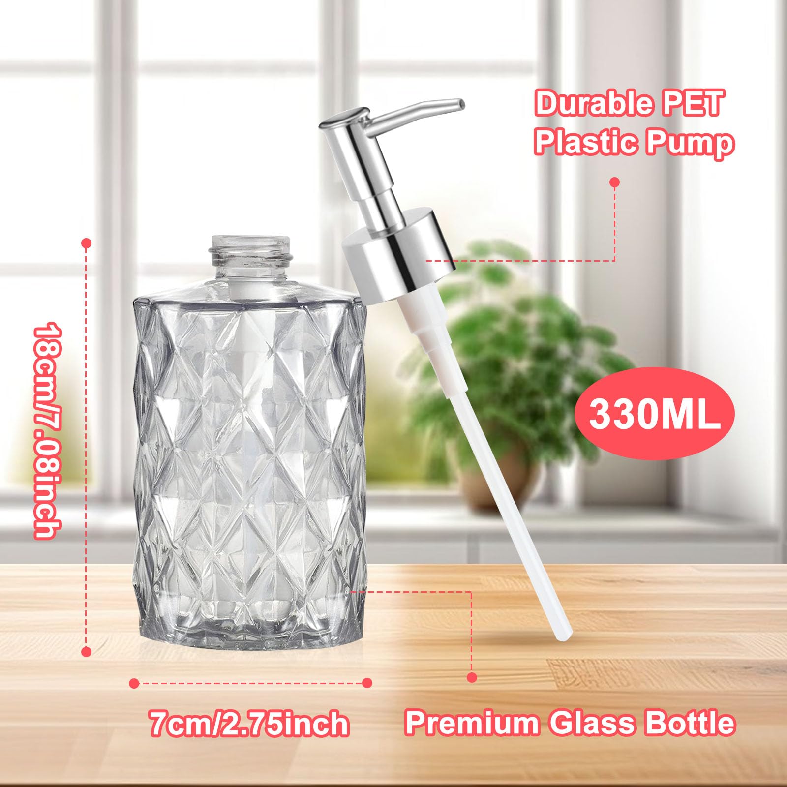 2-Pack Glass Soap Dispenser with Non-Slip Base - 330ML Liquid Soap Dispenser for Bathroom & Kitchen - Perfect for Soap, Shampoo & Lotion - Ideal for Home, Spa, and Hotel Use