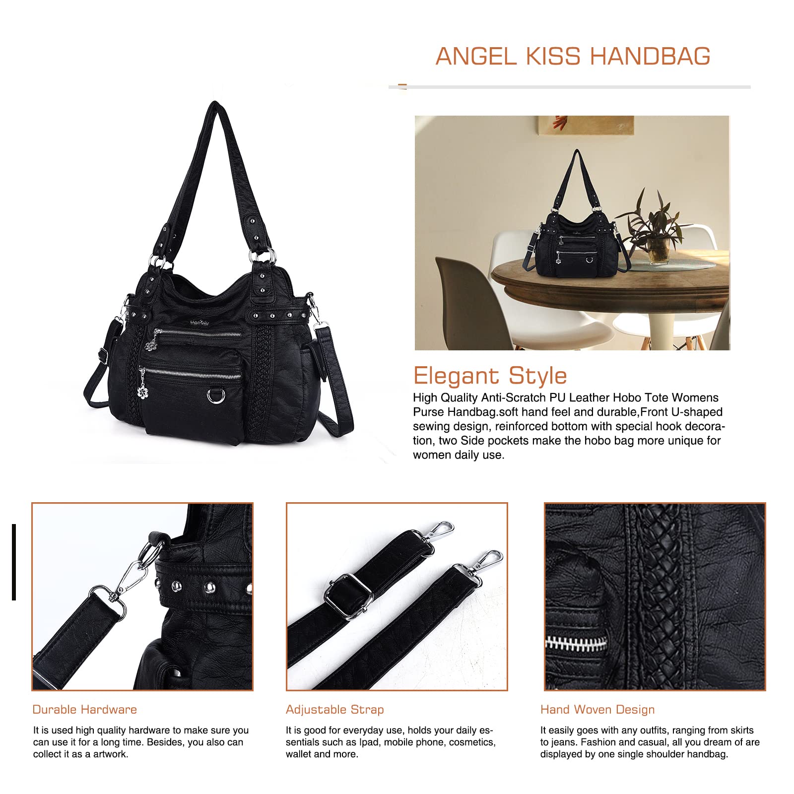 Angel Kiss Hobo Handbags for Women - Soft PU Leather Shoulder Bags & Ladies Purses - Perfect for Work, Travel and Everyday Use