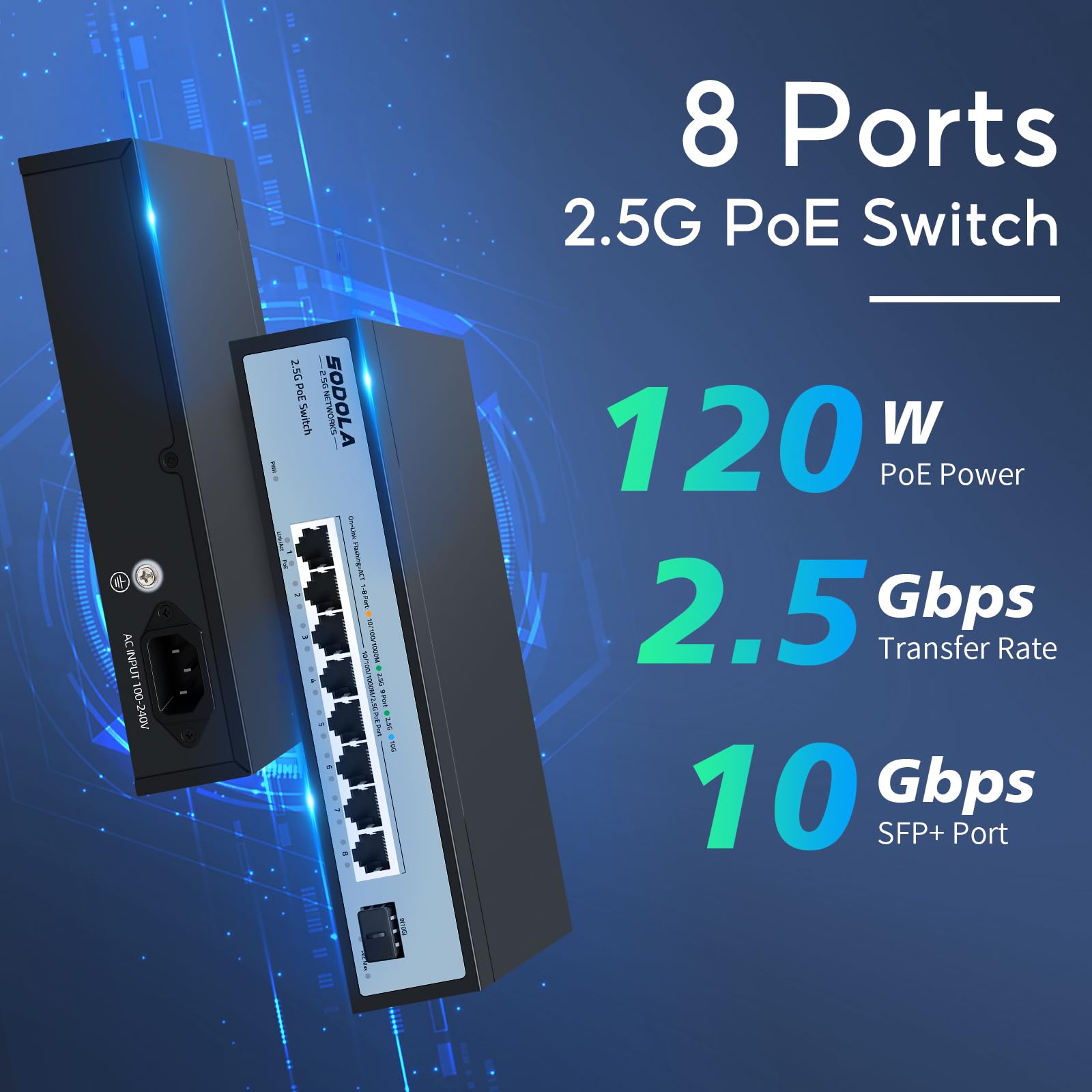 SODOLA 9-Port 2.5GbE PoE Switch with 120W Power Budget - High Speed Network Switch for Home Office, Security Cameras & IP Phones | Plug & Play Ethernet Switch for Smart Home & Business Networking