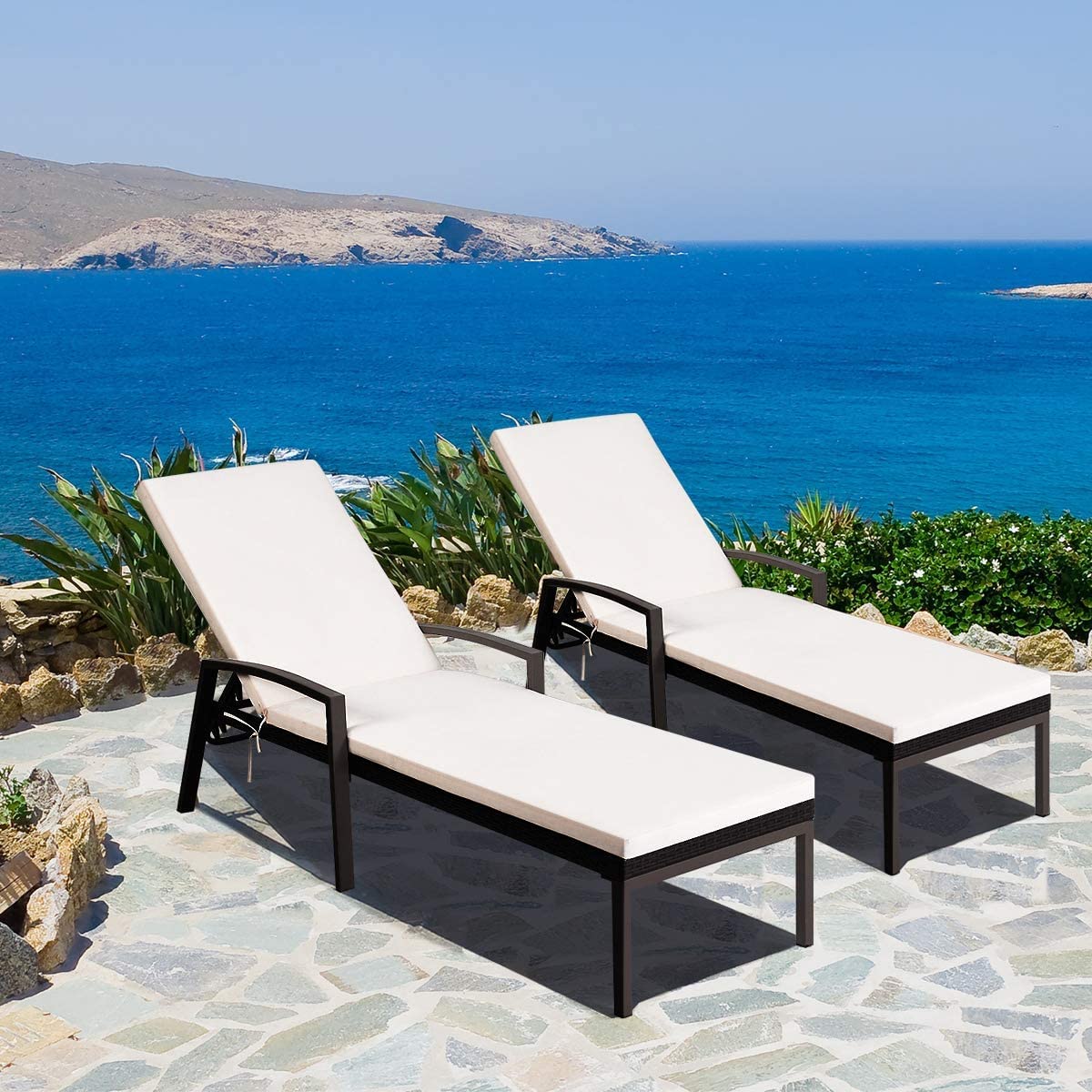 Happygrill Patio Chaise Lounge Set of 2 - Adjustable Rattan Outdoor Recliner Chairs with Soft Cushions & Steel Frame - Perfect for Poolside, Beach, Garden & Backyard Relaxation
