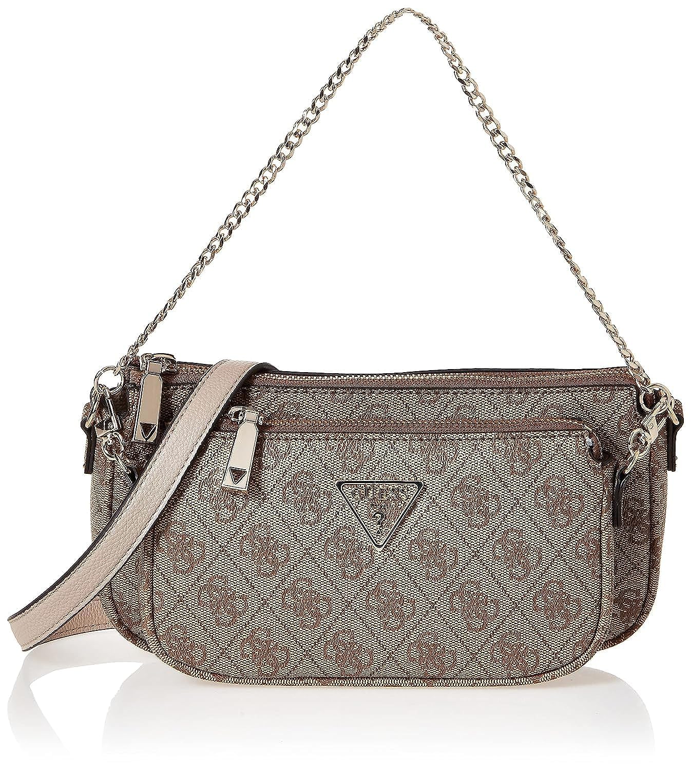 GUESS Noelle Double Pouch Crossbody Bag for Women - Latte Logo Print, Stylish Leather Shoulder Purse for Daily Use, Work, Travel and Date Night