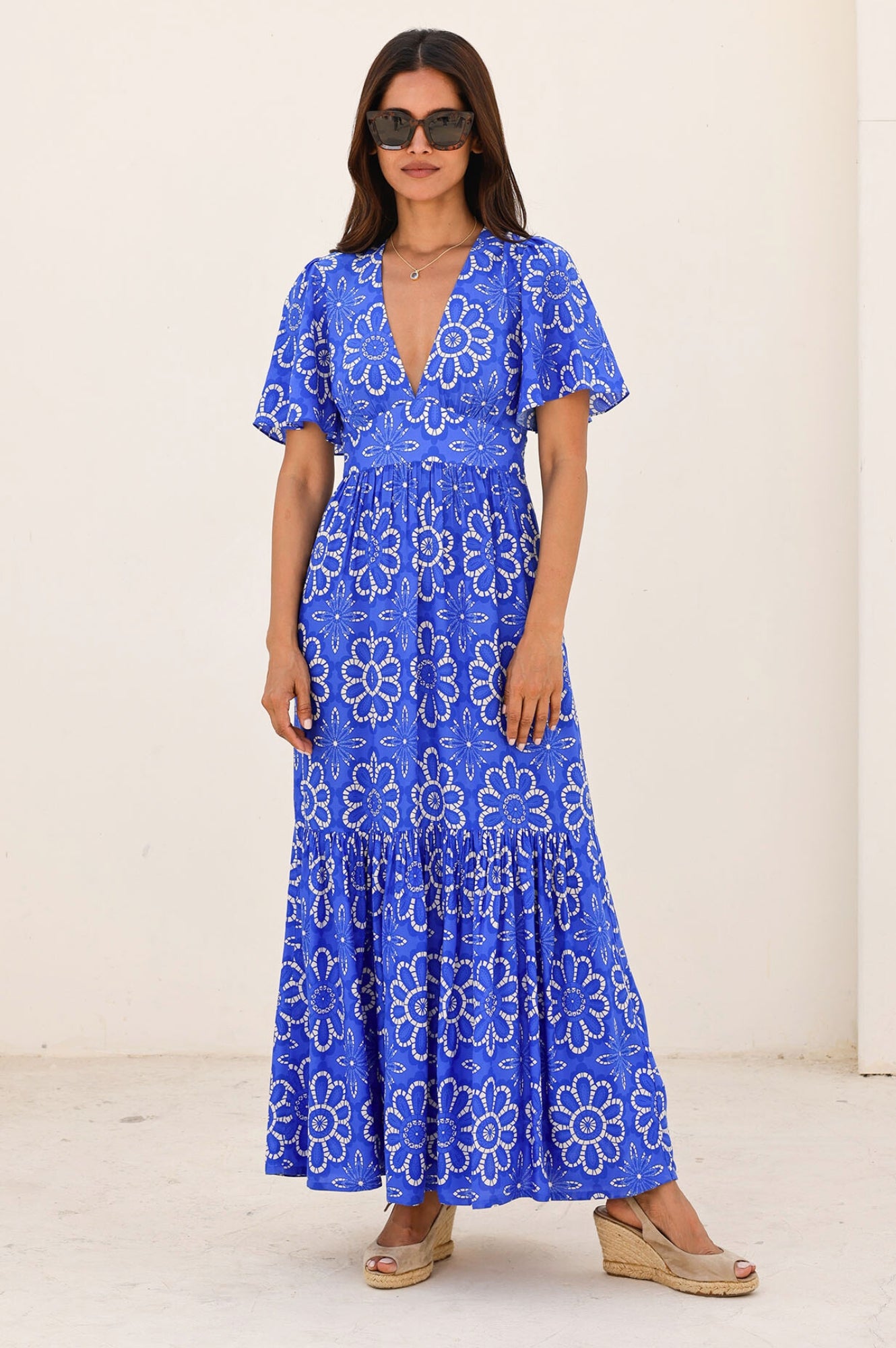 Sylvie EcoVero™ Floral Lace Dress in Cobalt Blue & White | Sustainable Viscose Women's Fashion | Perfect for Weddings & Summer Parties