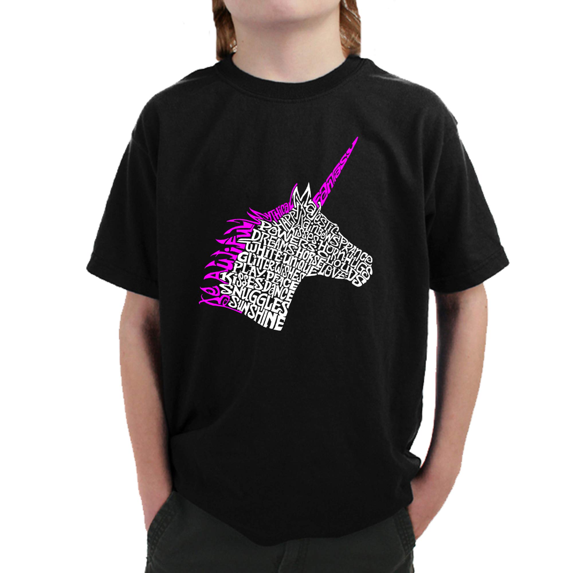 LA POP ART Boys' Word Art Unicorn Graphic T-Shirt - Trendy Kids' Casual Tee for School, Play & Birthday Parties