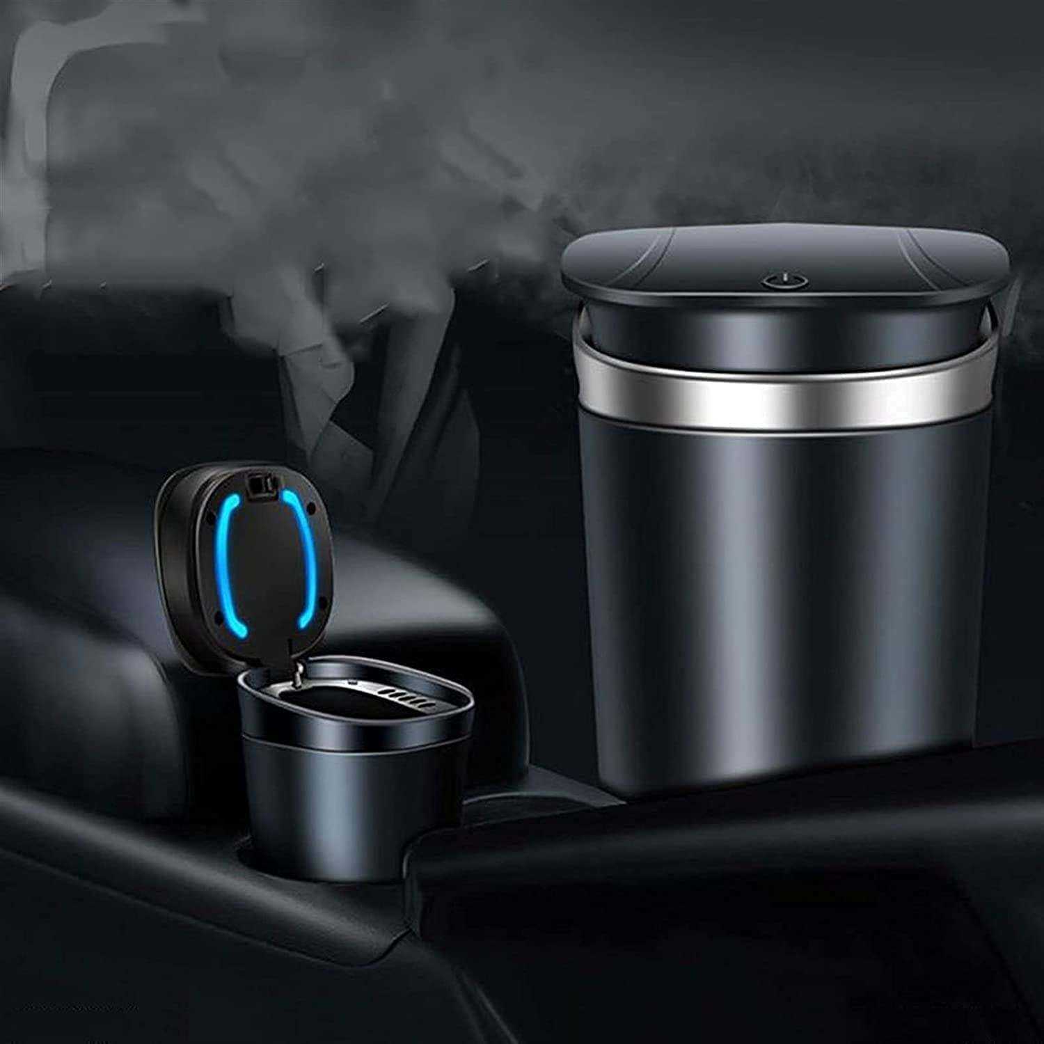 Premium Car Ashtray with Lid & Blue LED Light - Fits Most Vehicle Cup Holders - Silver Metal Auto Cigar Ashtray for Car, Home, Office Use - Perfect for Smokers on the Go or Indoor Smoking Areas