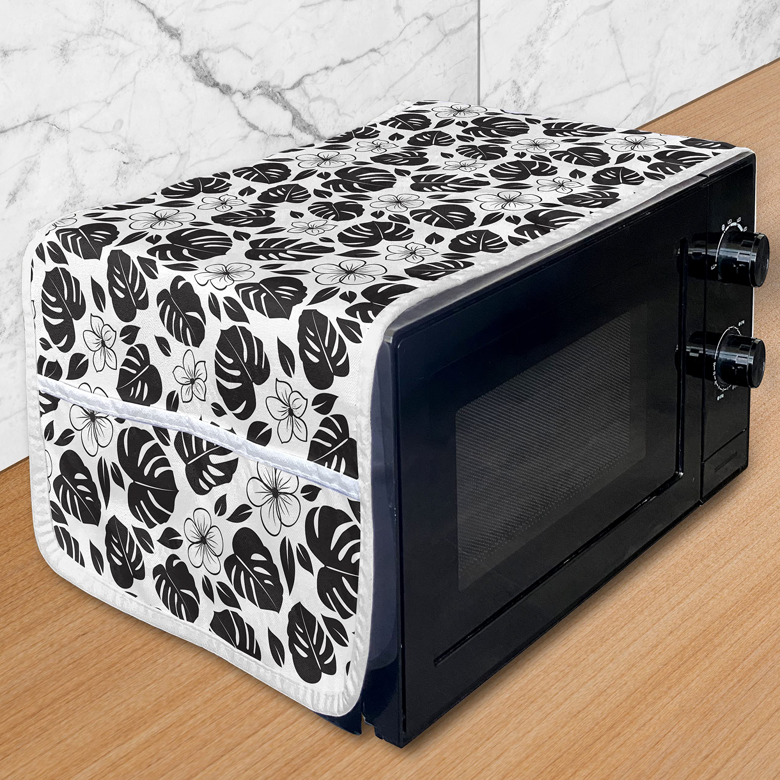 Ambesonne Monstera Microwave Cover - Waterproof Kitchen Organizer with Pockets, 36x12 Inches, Charcoal Grey & White - Tropical Hawaiian Leaf & Hibiscus Design for Microwave, Toaster & Small Appliance Protection