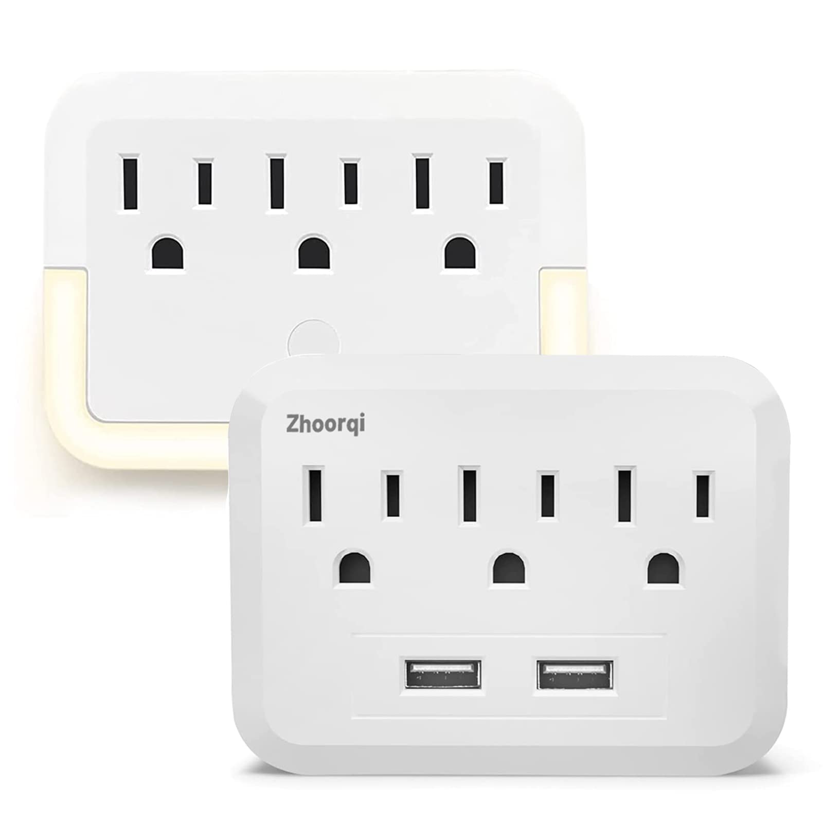 ZHOORQI USB Outlet Plug Extender - Dual USB Wall Charger with Night Light, 3-Port Power Outlet Expander for iPhone, Android, Tablets - Perfect for Travel, Home, Dorm Room & Office Use (Model B5)