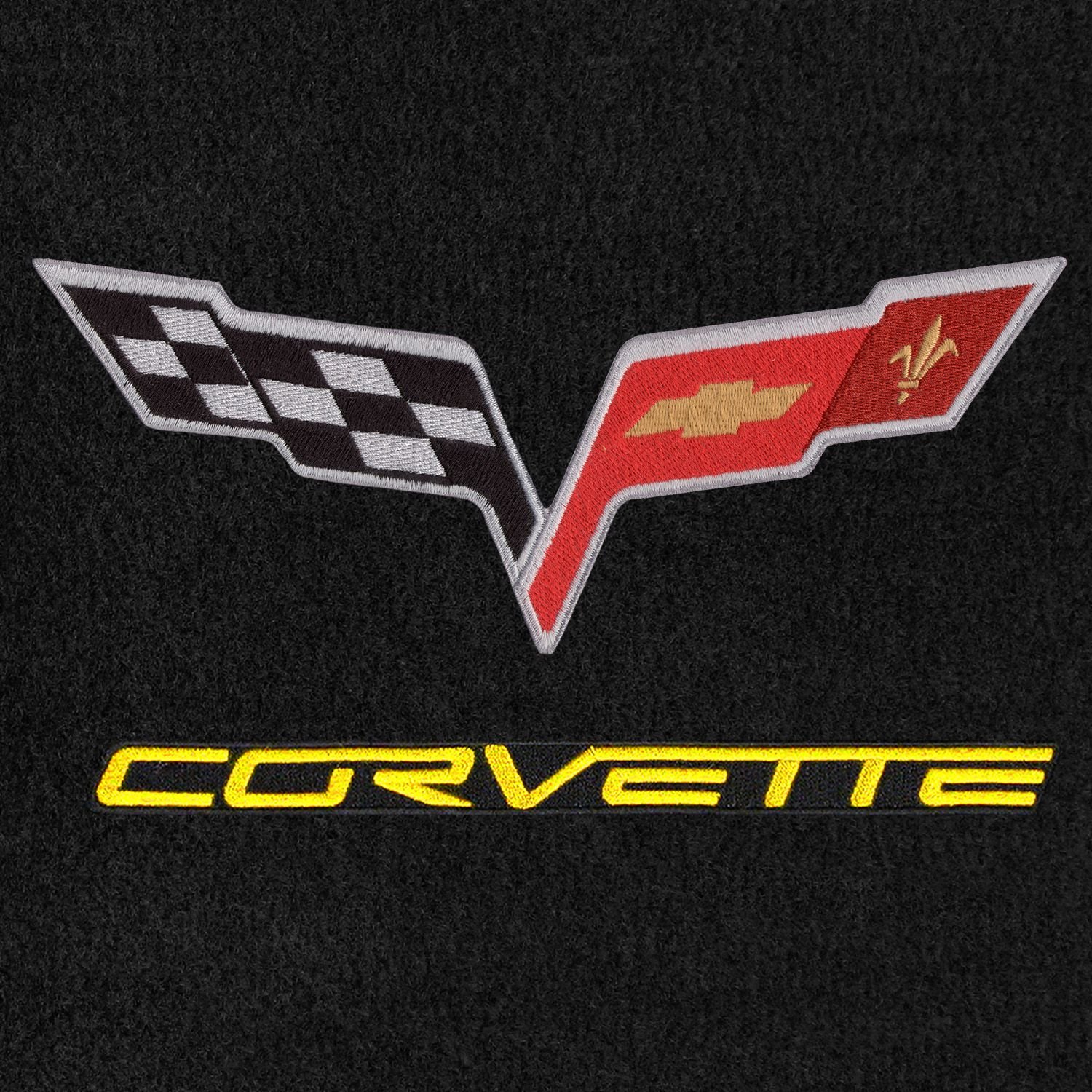 Lloyd Mats Velourtex Ebony 3-Piece Floor Mats for 2005-2013 Corvette Convertible - C6 Flags & Yellow Corvette Lettering on Black Applique | Premium Car Floor Protection & Custom Fit for C6 Corvette Models
