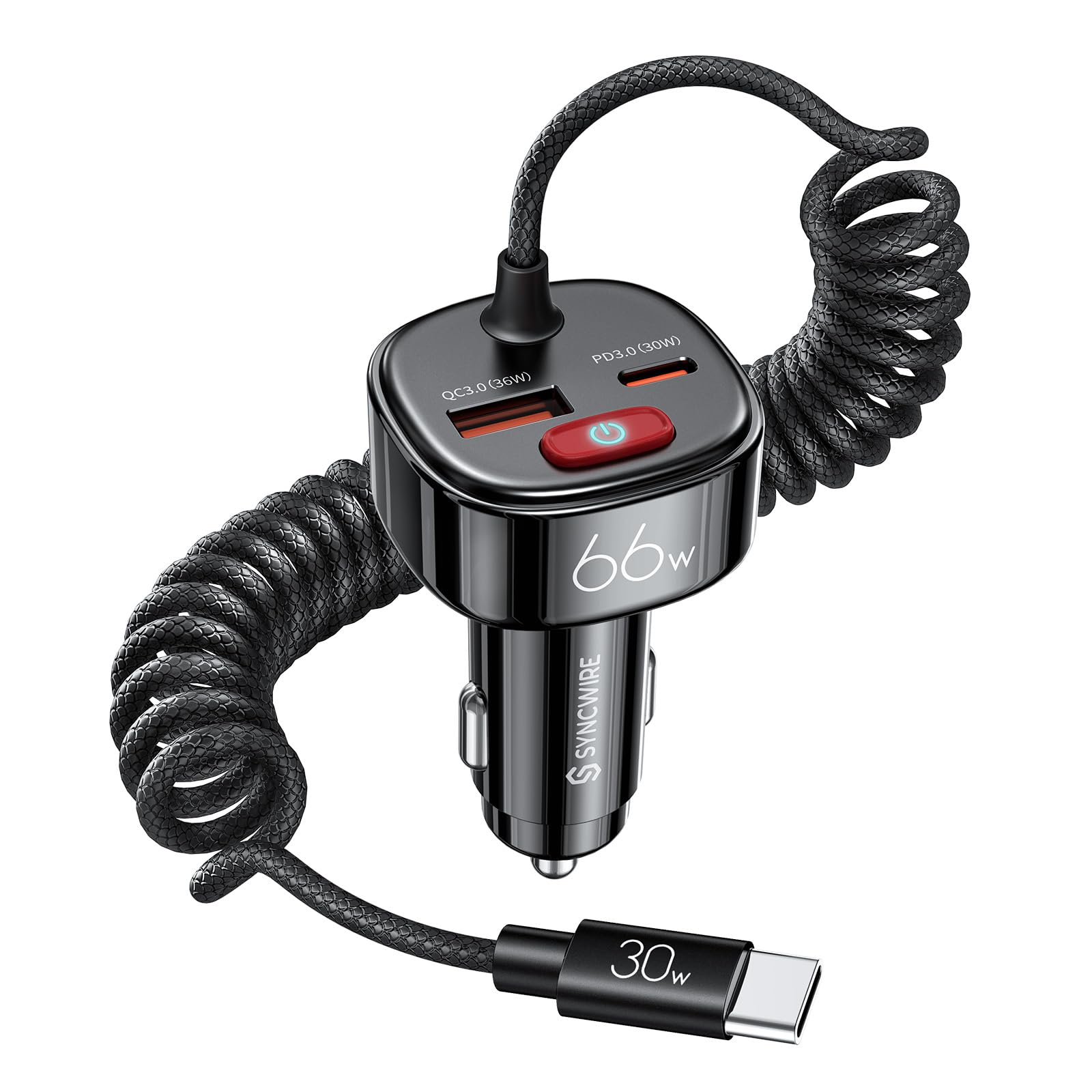 Syncwire 66W Super Fast USB C Car Charger with PD & QC 3.0 - 6FT Coiled Type C Cable - Compatible with iPhone 16/15 Series, Samsung Galaxy, Google Pixel, iPad Pro - Safe Battery Leakage Prevention - Perfect for Road Trips & Long Commutes