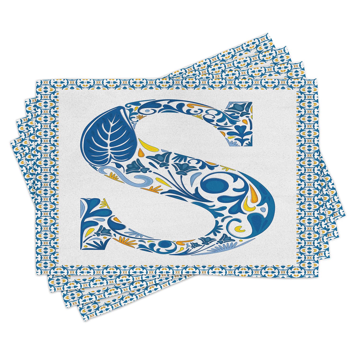 Ambesonne Letter S Place Mats Set of 4 - Vintage Alphabet Typography Framed Design with Azulejo Patterns, Washable Fabric Table Mats for Dining Room & Kitchen Decor in Blue, Yellow & Orange - Perfect for Dinner Parties, Holiday Gatherings & Everyday Meals