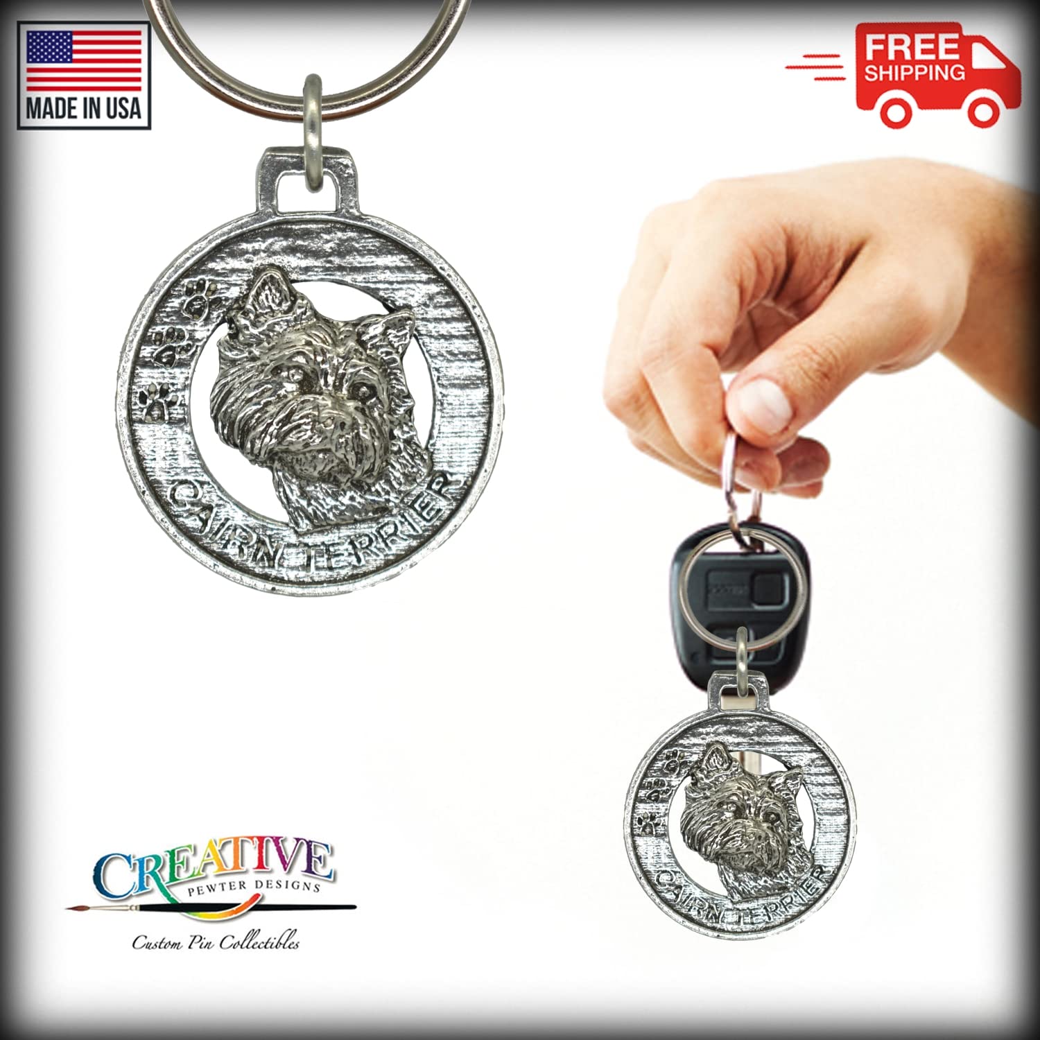 **Handmade Pewter Cairn Terrier Dog Keychain - 1.5 Inch Metal Key Ring, Pet Tag & Gift (D042KC) - 100% Made in USA | Perfect for Dog Lovers, Keychains Collection & Unique Gifts**