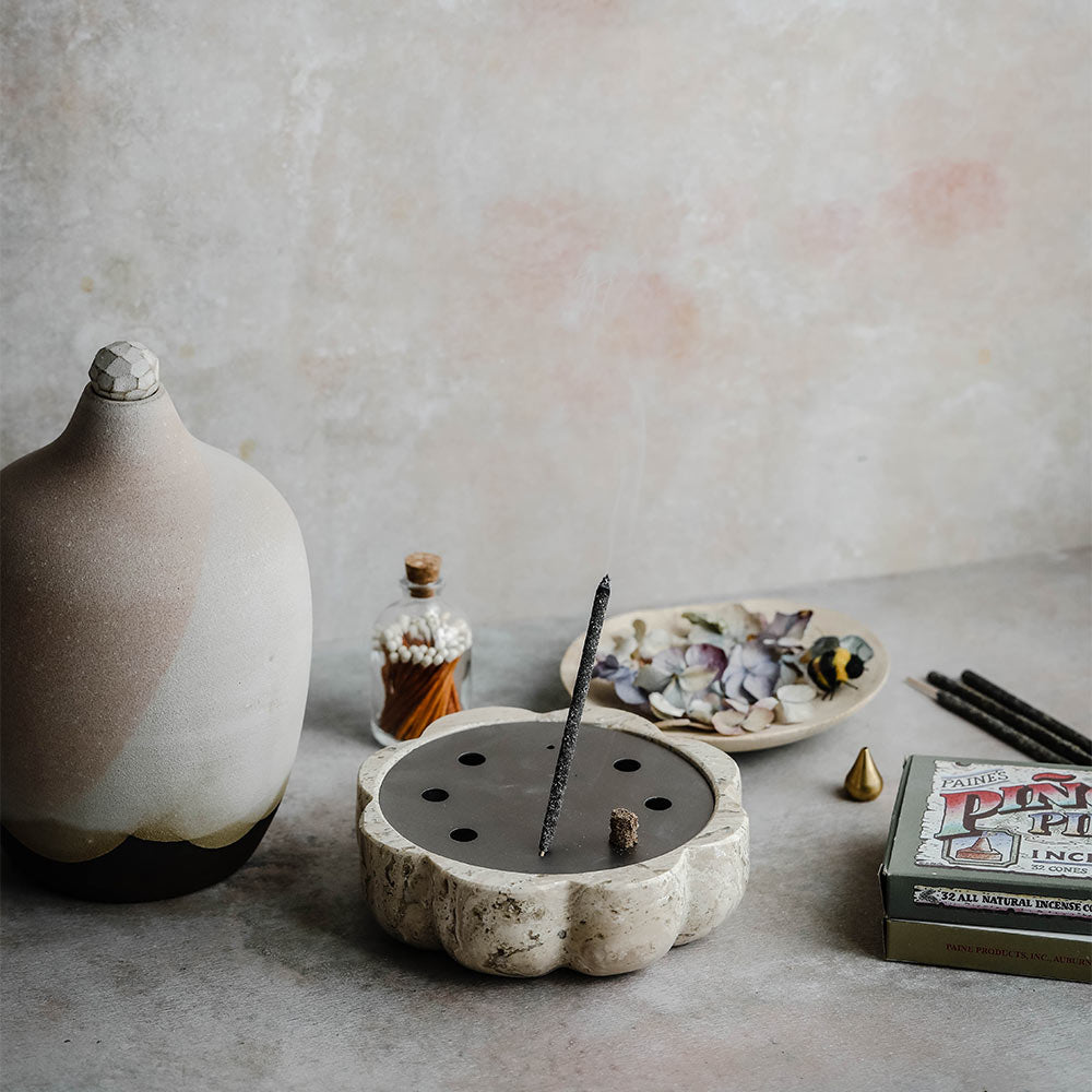 Scalloped Travertine Incense Holder - Natural Stone Aromatherapy Burner for Meditation, Yoga & Home Decor | Handmade Zen Decor for Relaxation & Spiritual Wellness