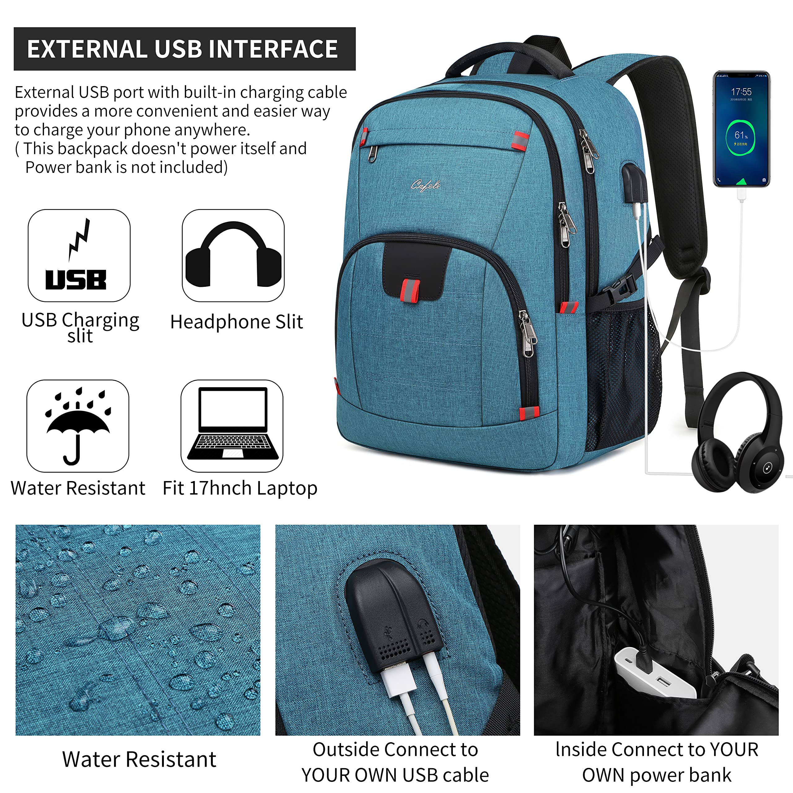 CAFELE 17.3 Inch Laptop Backpack - Durable School & Travel Backpack for Women & Men, Water-Resistant Work Bag with USB Charging Port (Blue) - Perfect for College, Business Trips & Daily Commute
