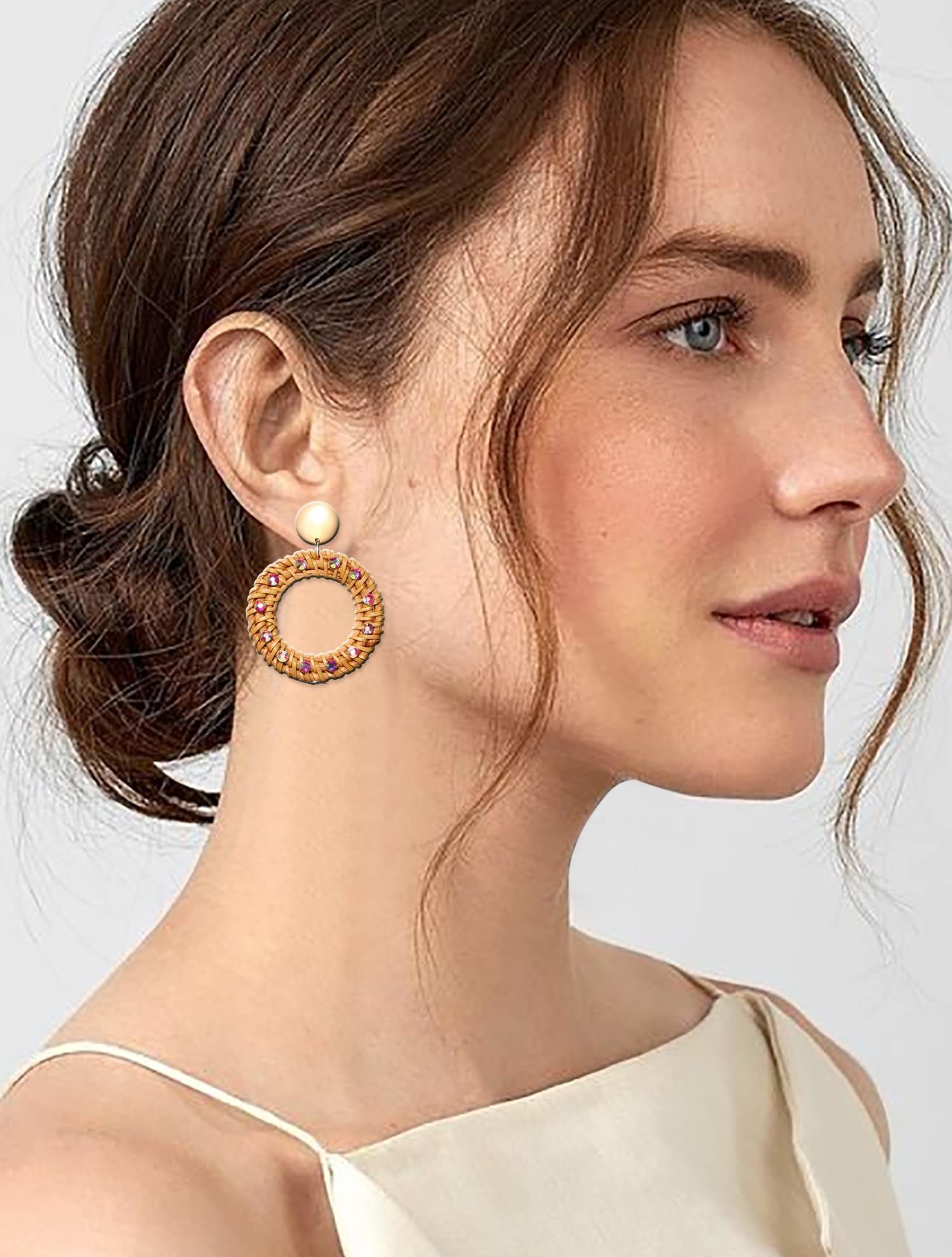 Handmade Bohemian Rattan Earrings for Women - Lightweight Geometric Woven Hoop Drop Dangle Earrings, Natural Raffia Straw Jewelry | Perfect for Summer Festivals, Beach Vacations & Boho Fashion