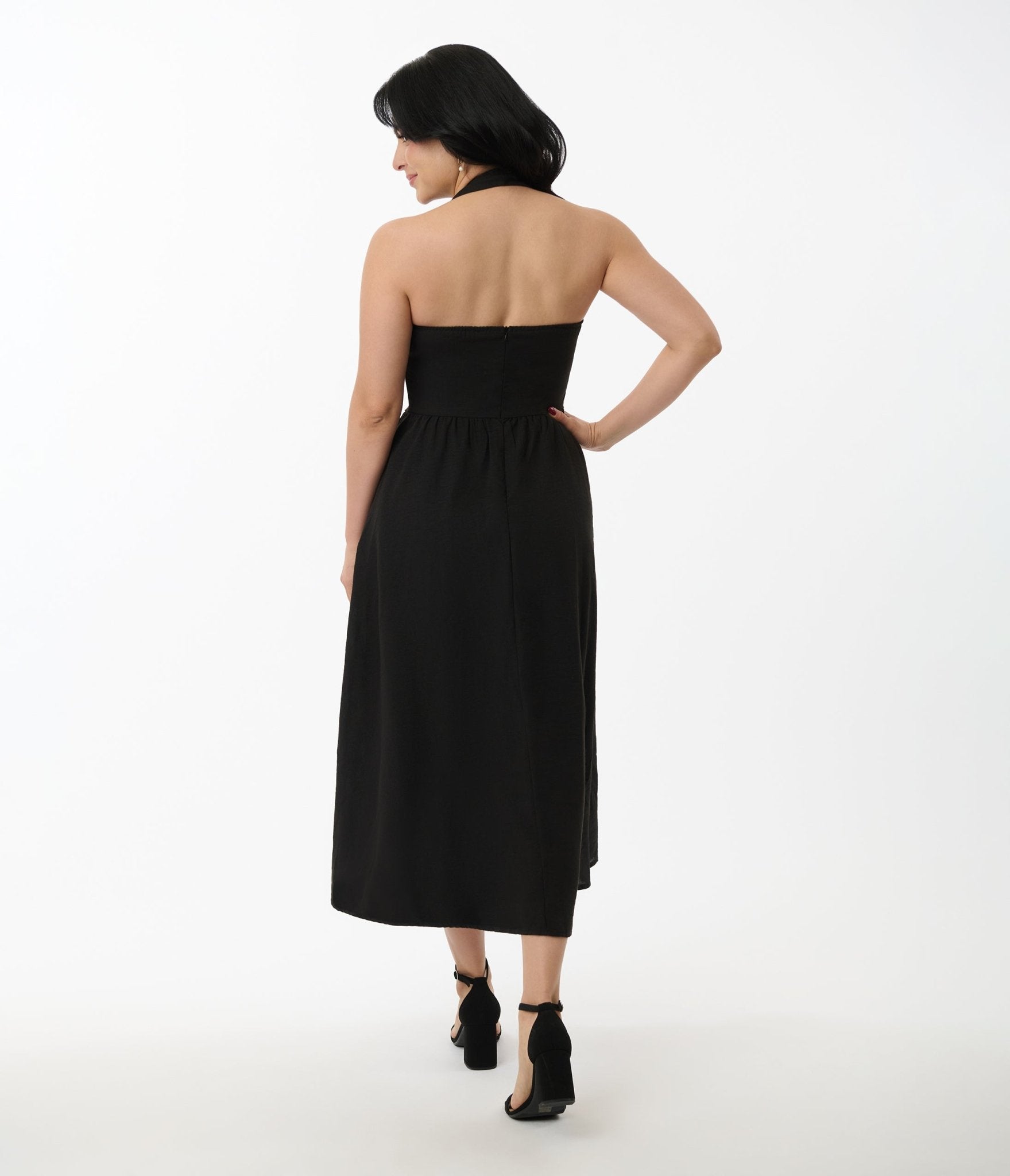 Elegant Solid Black Halter A-Line Midi Dress for Women | Summer Party, Cocktail, Wedding Guest Outfit