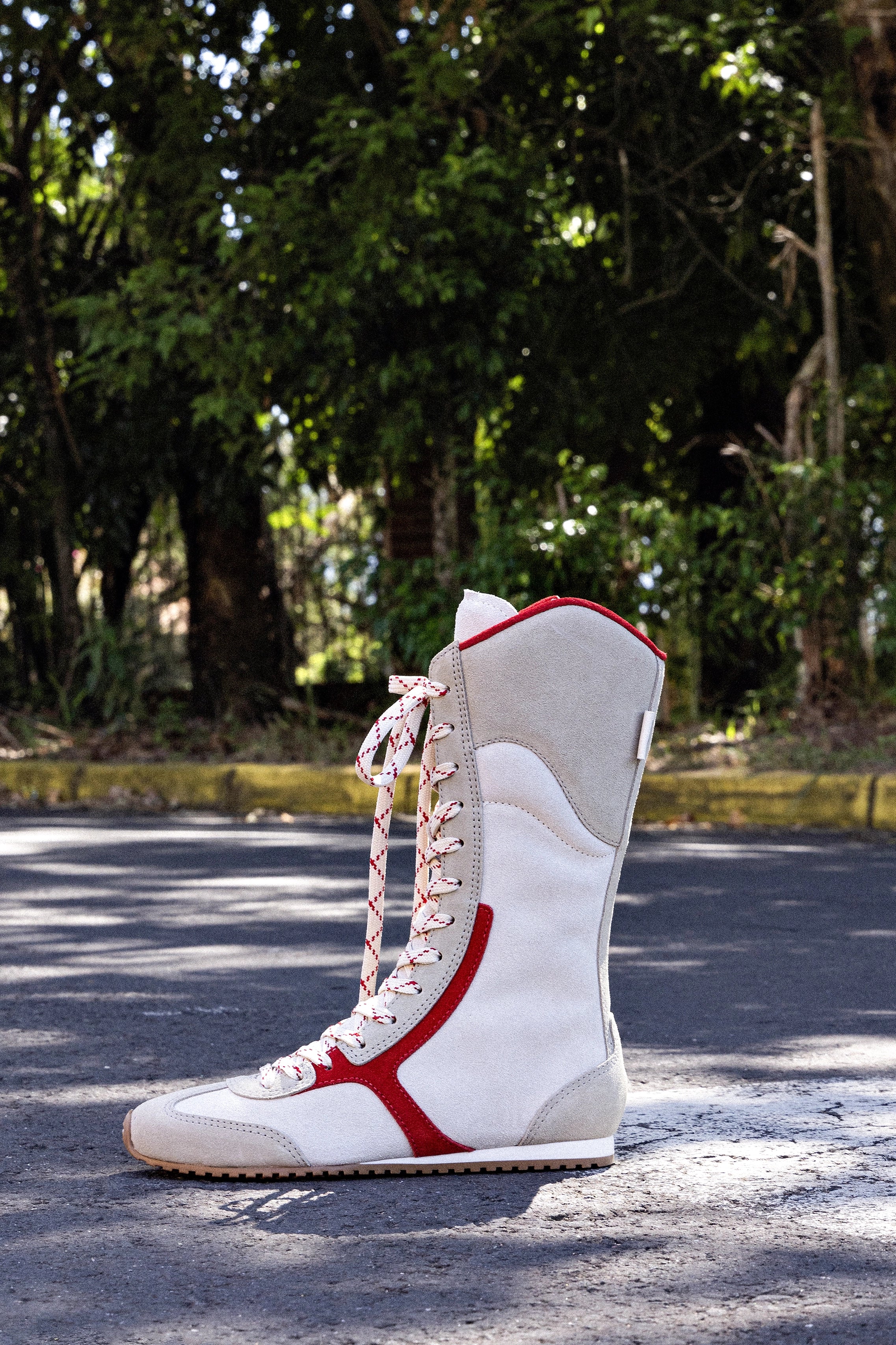 Larroudé x Jonathan Cohen Women's Flat Lo Sneaker Boot in Ivory, Oyster Grey & Scarlet Suede - Comfortable Suede Ankle Boots for Casual Wear, Work & Date Night Outfits