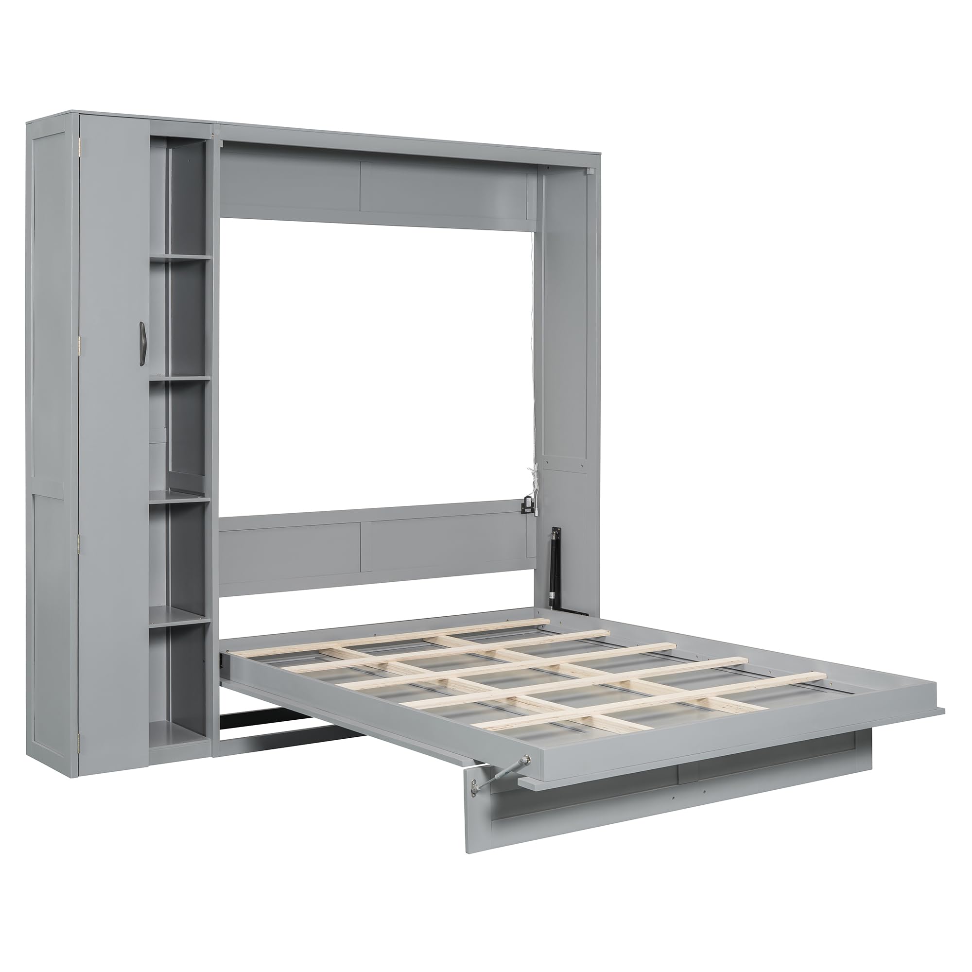 Harper & Bright Designs Queen Size Murphy Bed with Storage Shelves, Wardrobe & LED Lights - Space-Saving Wall Bed for Guest Room, Home Office or Small Apartments - Modern Gray Furniture for Multi-Functional Living Spaces