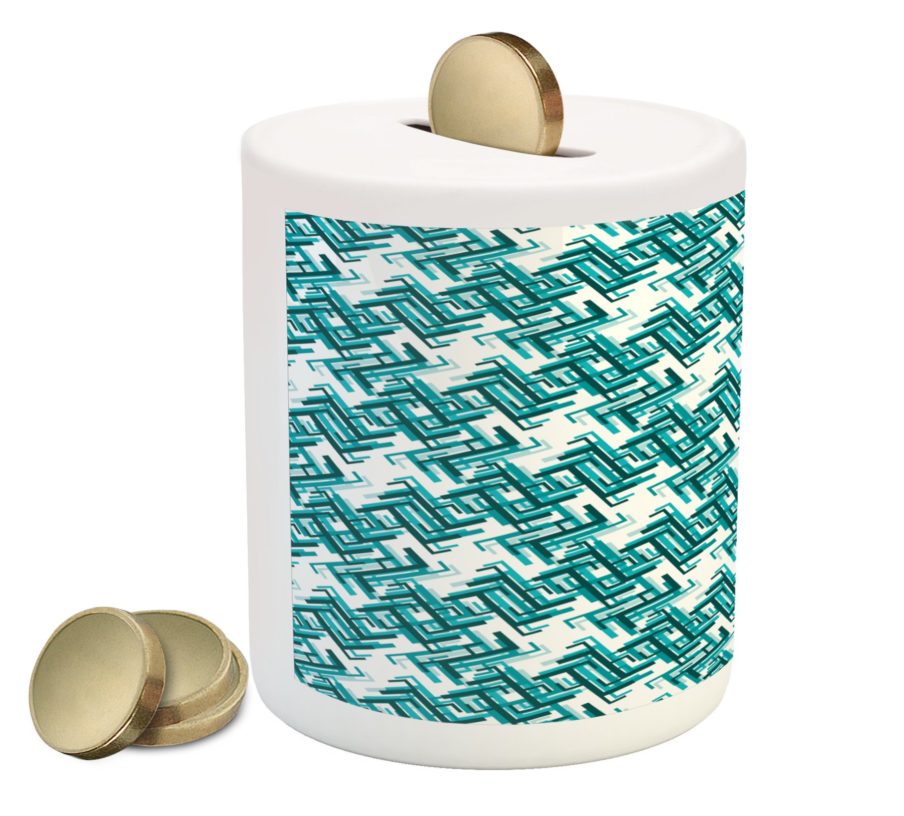 Ambesonne Abstract Piggy Bank - Retro Architecture Style Ceramic Coin Bank with Modern Trippy Maze Design, Money Box for Cash Savings in Turquoise Teal & White | Perfect Gift for Kids, Teens & Home Decor