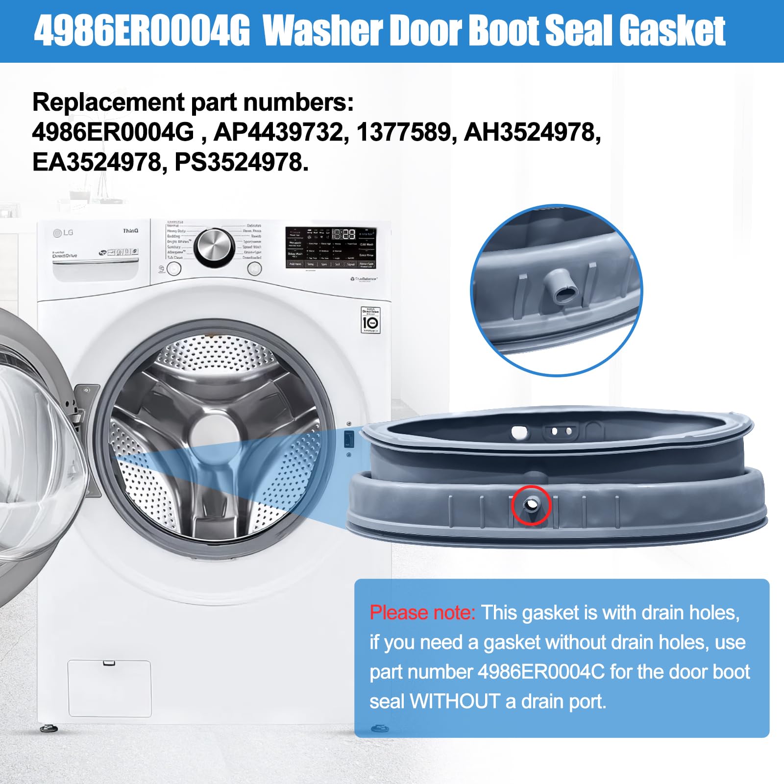 Upgraded 4986ER0004G Washer Door Gasket with Drain Port - Compatible with LG Front Load Washer Models WM2501HWA, WM2501HVA, WM2487HRM, WM2688HWMA - Replacement Rubber Seal for Washing Machine Door Boot - Perfect for Laundry Room & Home Appliance Repair