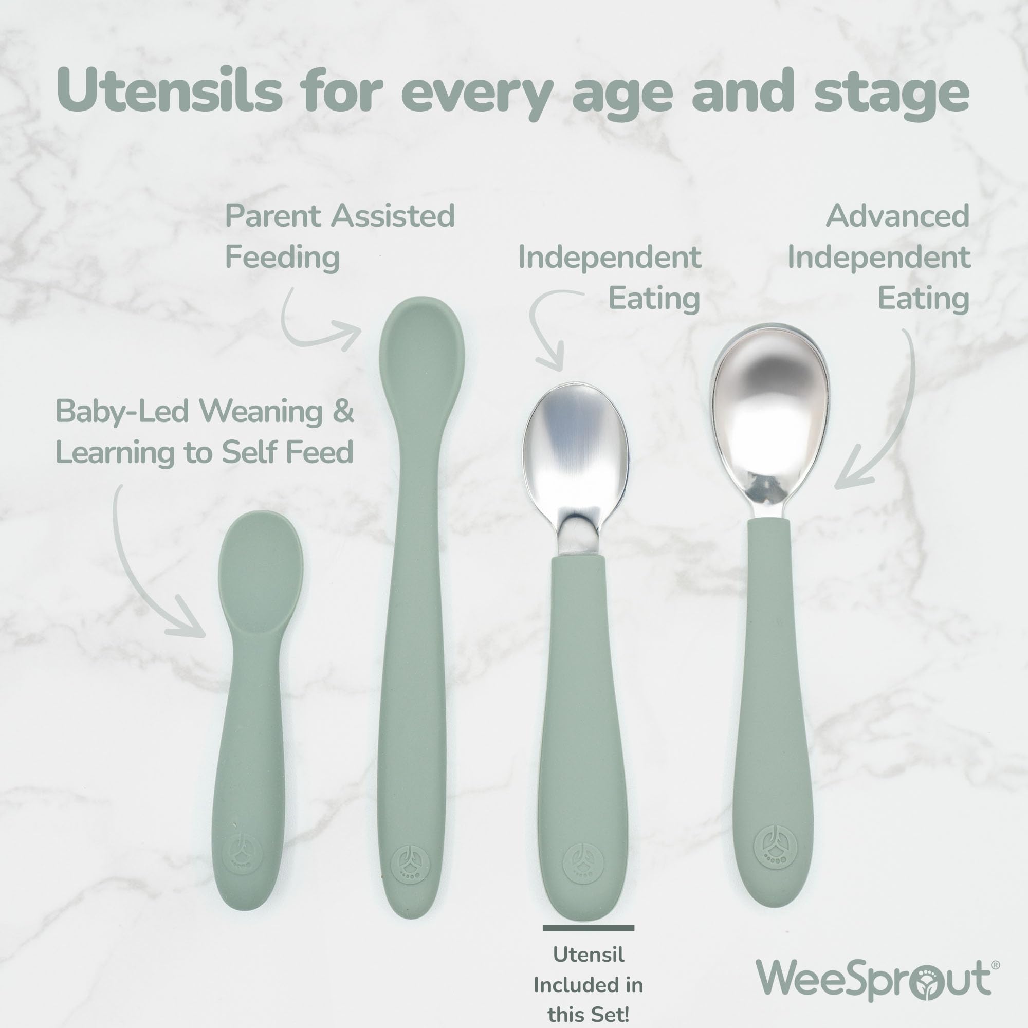 WeeSprout Toddler Utensil Set - 3 Forks & 3 Spoons with 18/8 Stainless Steel Heads & Food Grade Silicone Handles - Easy Grip Baby Feeding Utensils for Self Feeding - BPA Free, Dishwasher Safe - Perfect for Toddlers Learning to Eat Independently at Home or Daycare
