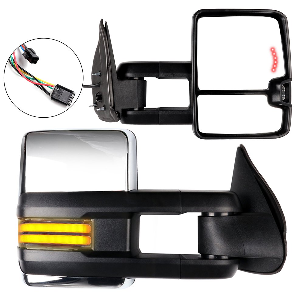 Roadfar Power Heated Towing Mirrors for 1999-2002 Chevy Silverado & GMC Sierra Pickup - LED Turn Signal, Running Lights, Chrome Housing (Left & Right Side) - Perfect for Towing, Camping & Off-Road Adventures