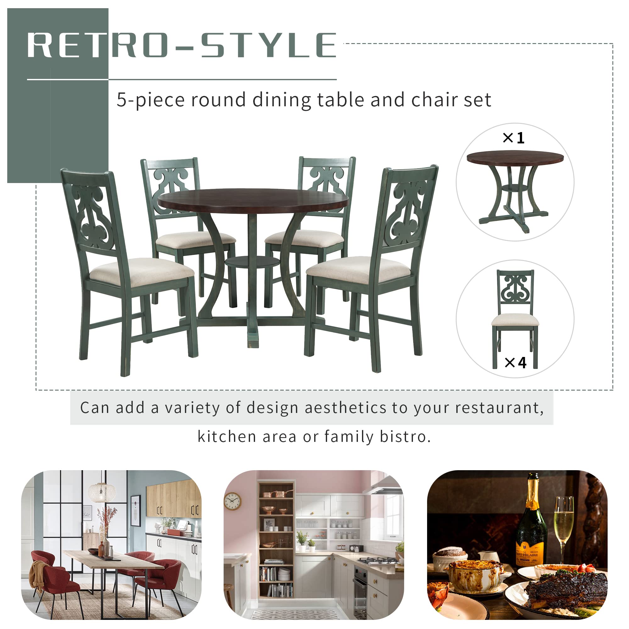 5-Piece Round Dining Table Set with Special Shaped Legs & 4 Upholstered Chairs - Farmhouse Kitchen Table in Antique Blue for Dining Room, Kitchen, Breakfast Nook | Perfect for Family Meals and Entertaining Guests