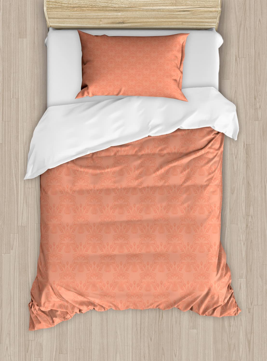 Ambesonne Peach Duvet Cover Set - Floral Ornate Pattern Nature Inspired Design with Soft Spring Summer Foliage Print, 2-Piece Twin Size Bedding Set Includes 2 Duvet Covers & 2 Pillowcases - Perfect for Bedroom Decor, Guest Room, Dorm Room, and Seasonal Home Refresh