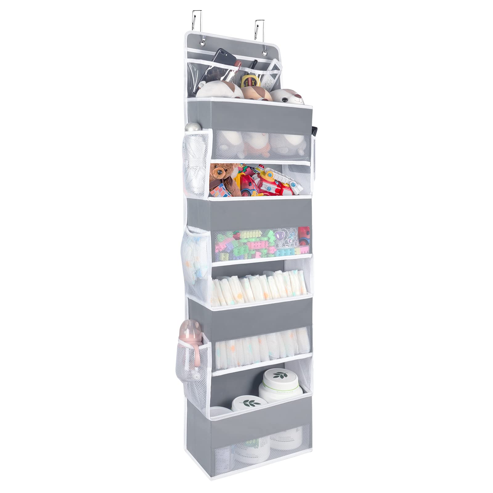 Univivi Over The Door Organizer - 5 Shelf Hanging Storage with 4 Large Compartments & 8 Pockets (2 PVC + 6 Side) for Bathroom, Nursery, Cosmetics | Space Saving Closet & Bedroom Organization Solution