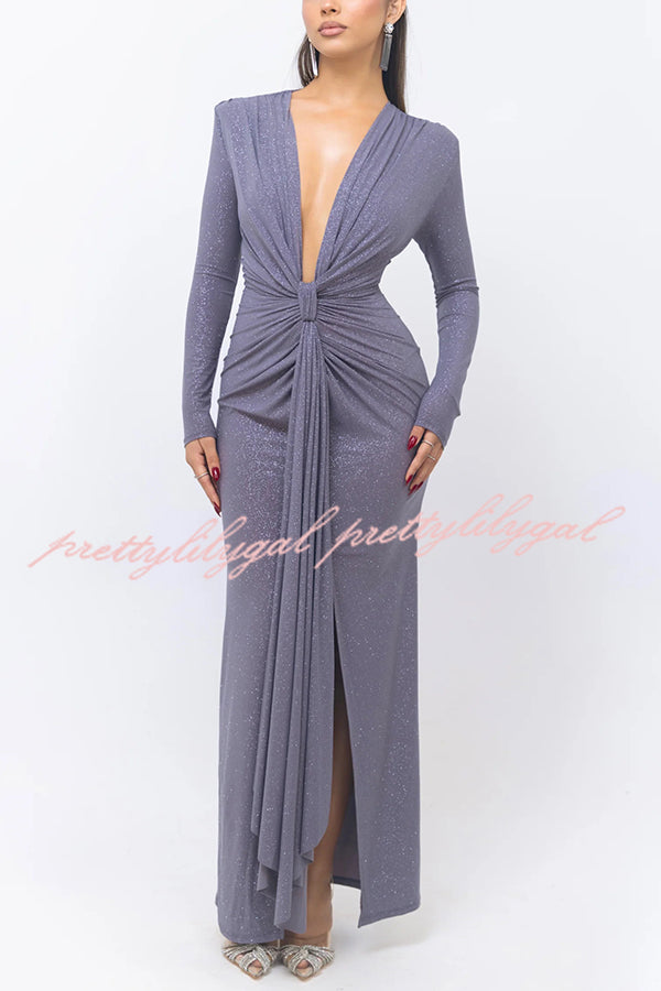 Elegant Solid Color Shiny V-Neck Long Sleeve Ribbon Slit Slim Fit Maxi Dress for Women - Perfect for Evening Parties, Date Nights & Special Occasions