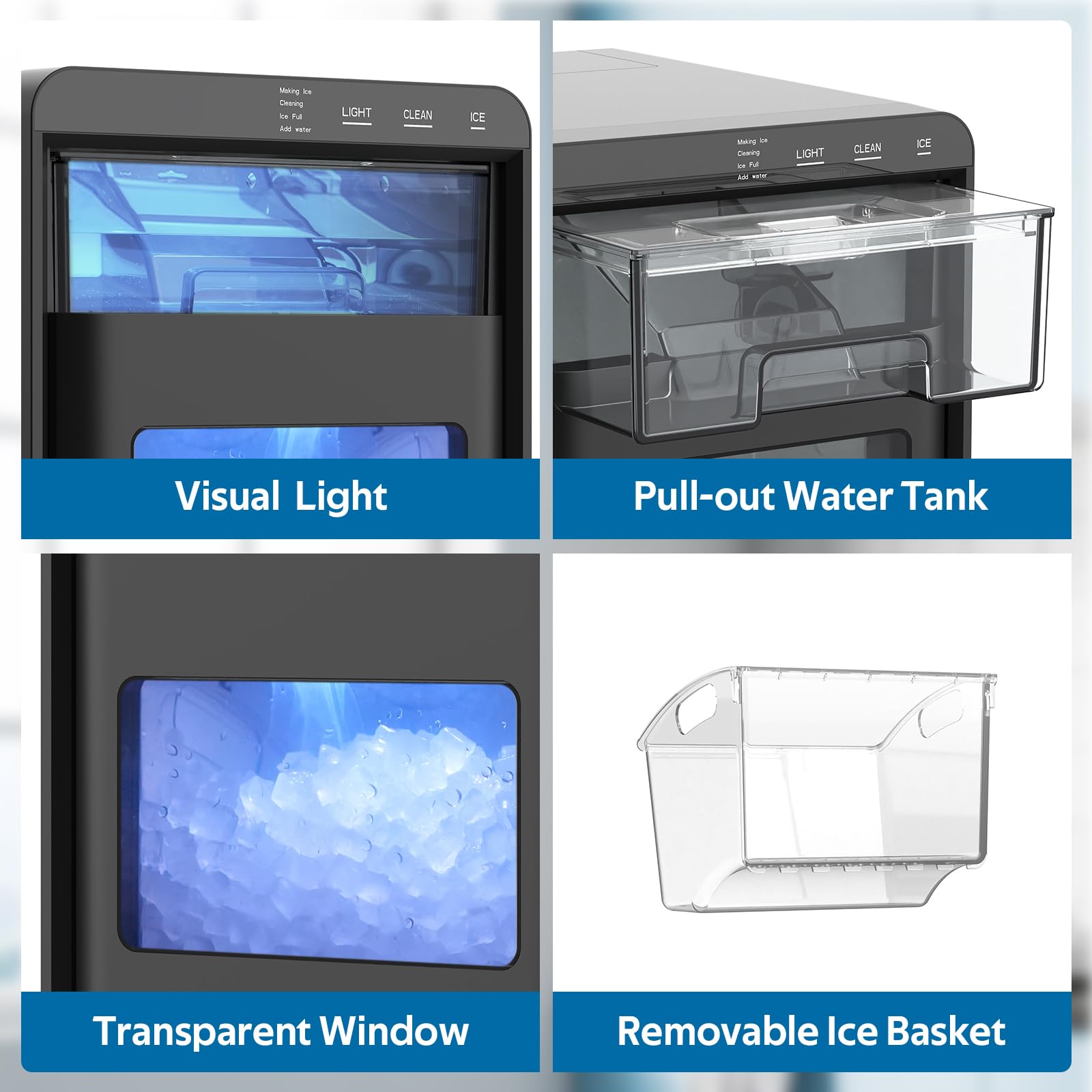 Portable Countertop Nugget Ice Maker Machine - 44LBS/24H Soft Chewable Pebble Ice Production with Self-Cleaning Function, Pull-Out Water Tank & Removable Ice Basket - Perfect for Home Kitchen, Office, Bar, and Party Use (Black)