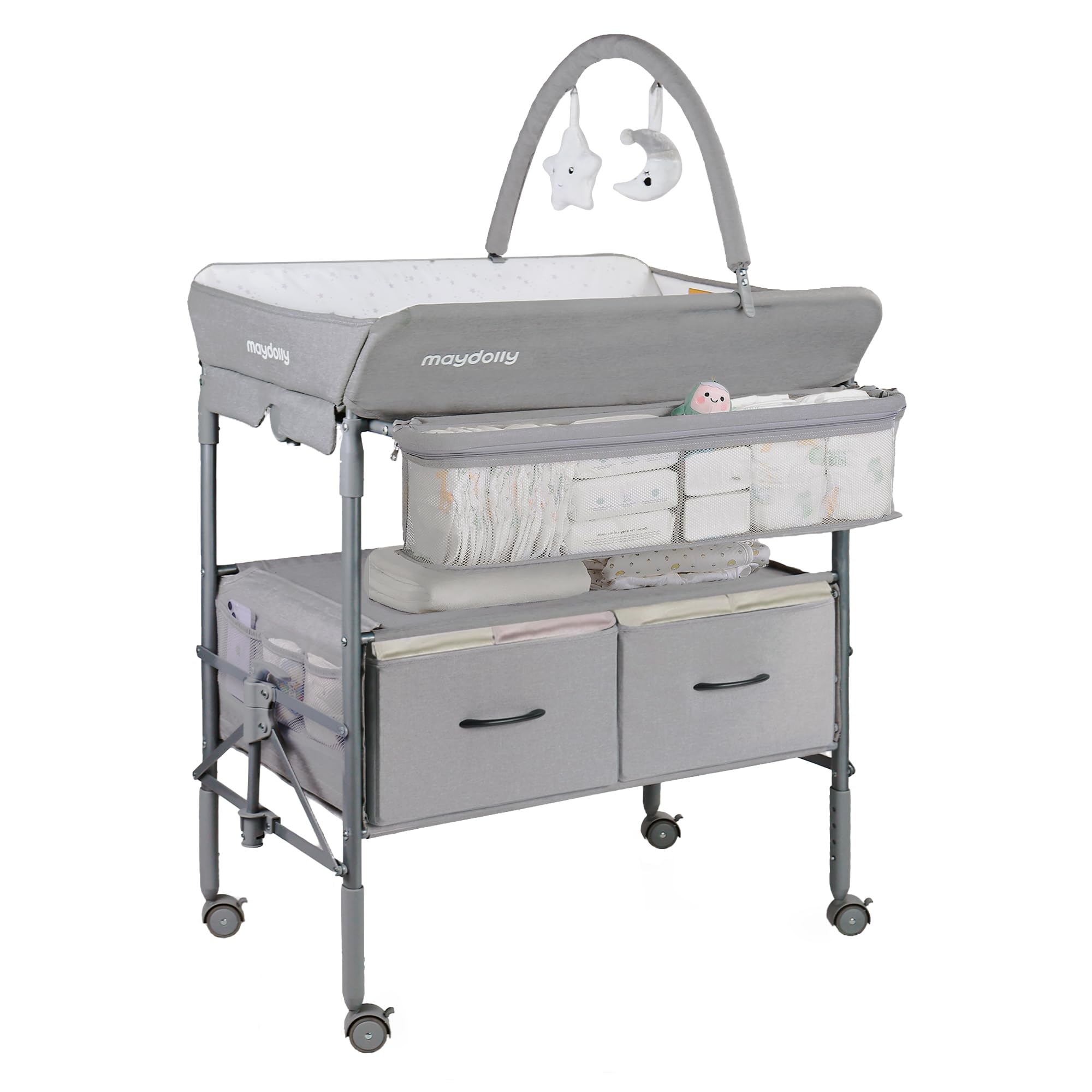 Maydolly Portable Baby Changing Table with Wheels - Adjustable Height, Waterproof, 2 Drawers - Folding Nursery Changing Station for Newborns & Infants (Grey) | Perfect for Home, Daycare & Travel Use