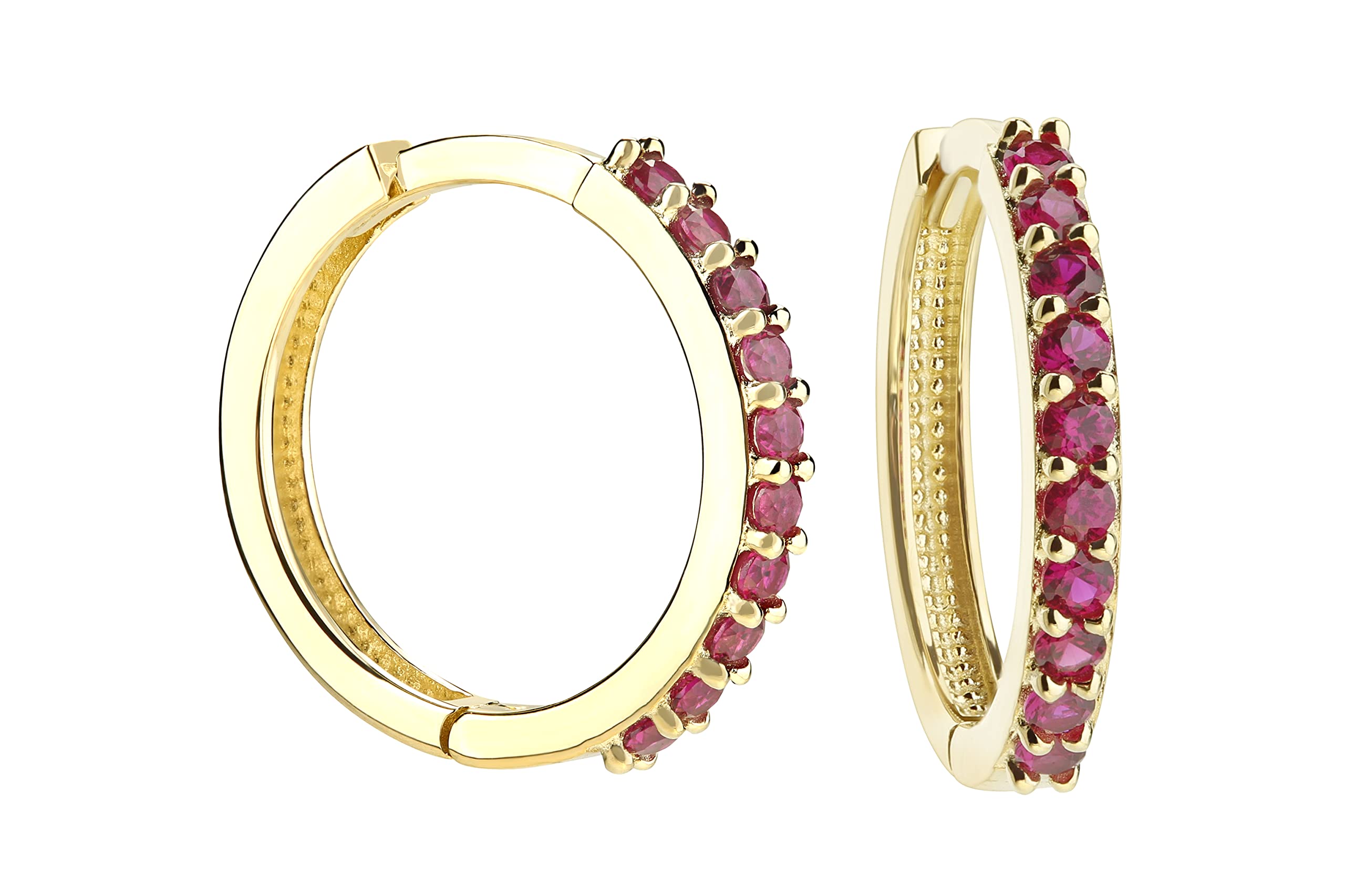 9ct Yellow Gold Ruby Hoop Huggie Earrings - 15mm Diameter | Elegant Dainty Stud Earrings for Women | Perfect for Parties, Weddings & Everyday Wear